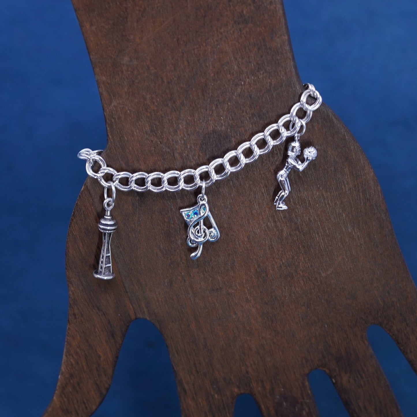 6.5”, Sterling silver 925 handmade bracelet, heart, Basketball player charms,