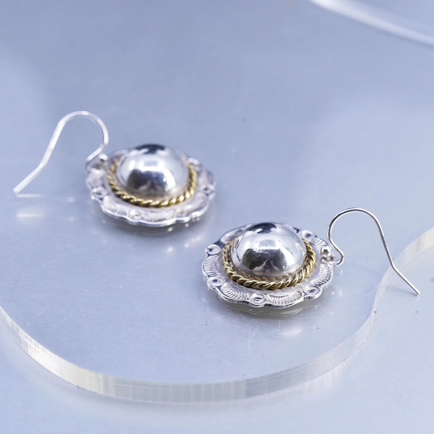 Vintage Mexican two tone Sterling 925 silver dome flower earrings brass cable