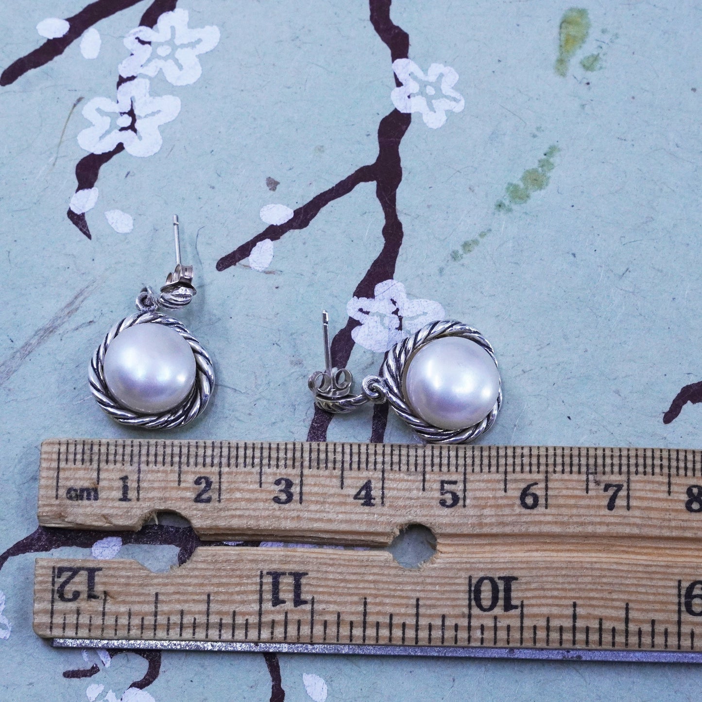Vintage CFJ sterling 925 silver handmade earrings with pearl dangles