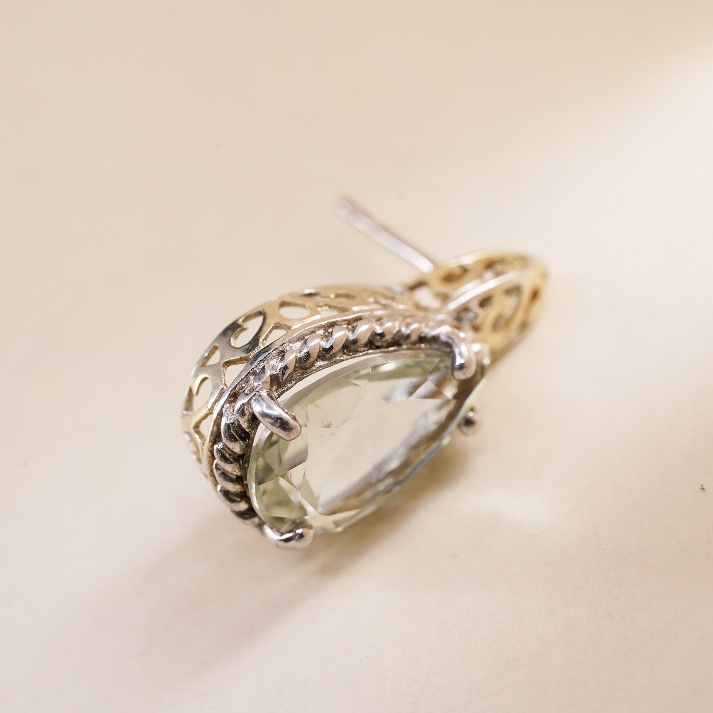 Vintage two tone single earring. Sterling 925 silver teardrop stud chalcedony