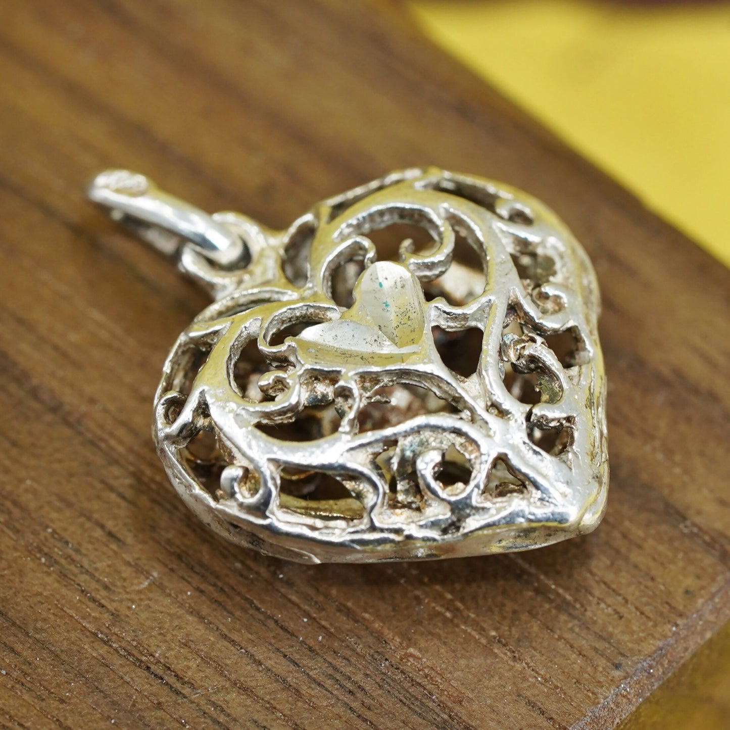 VTG Sterling silver handmade double side pendant, 925 filigree heart pendant