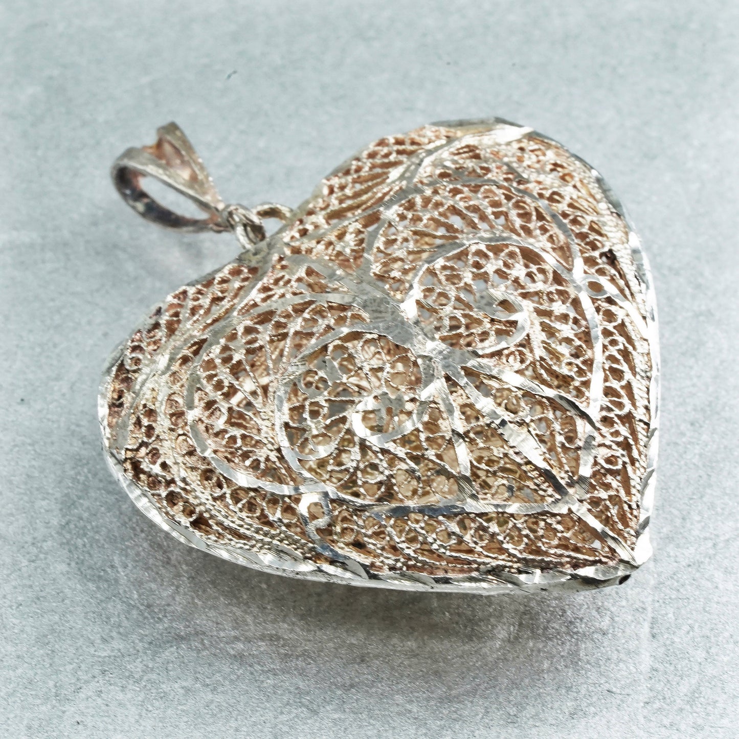 Antique Sterling silver charm, 925 puffy filigree heart pendant