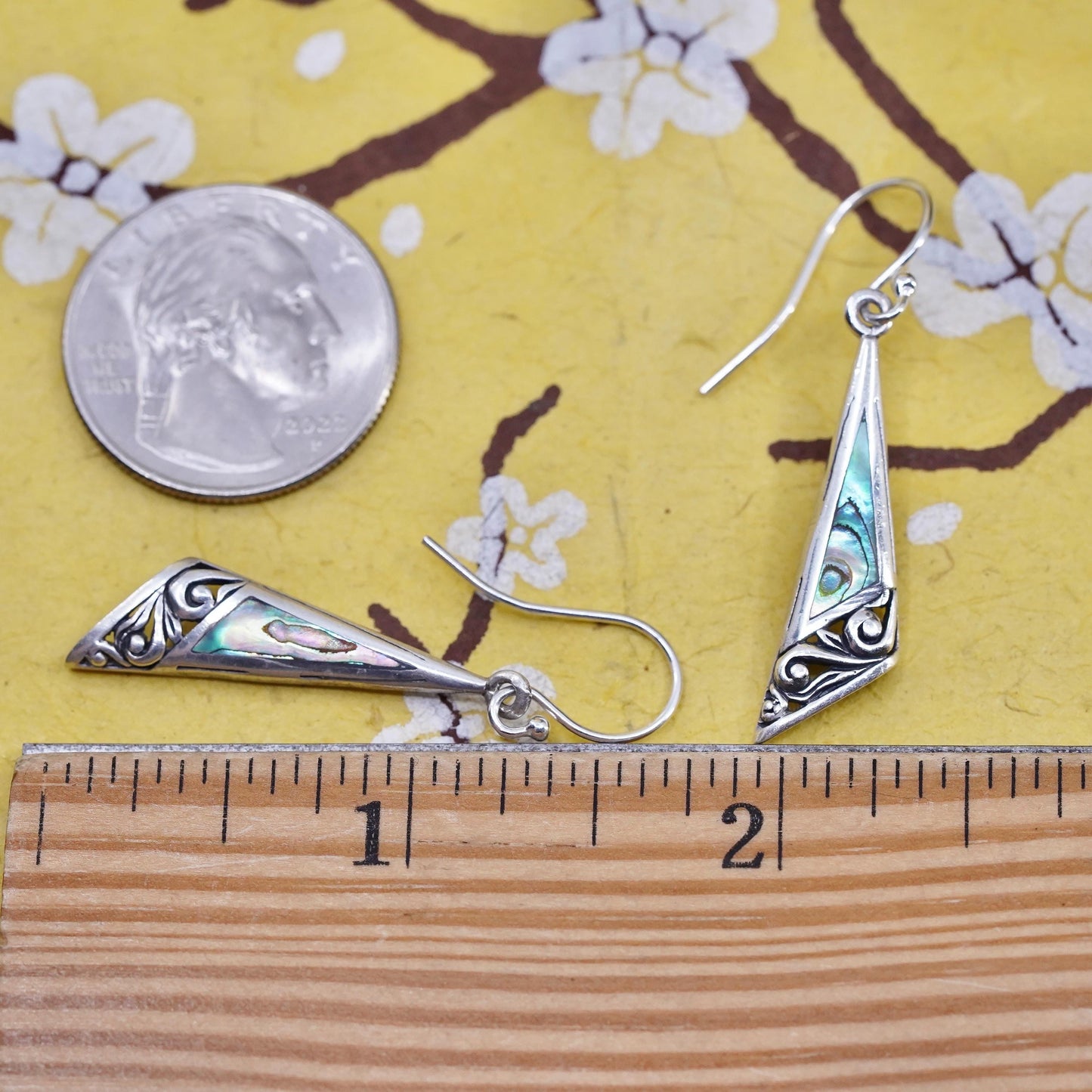 Vintage Sterling 925 silver handmade filigree earrings with abalone inlay