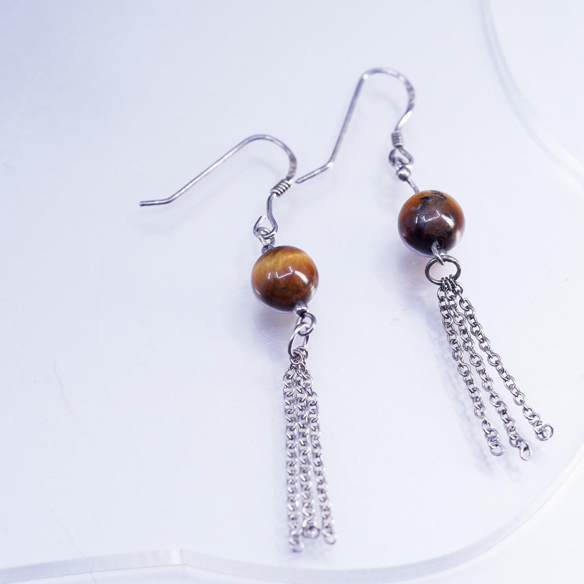 VTG Sterling Silver Handmade long chain Earrings, 925 Golden Tiger Eye beads