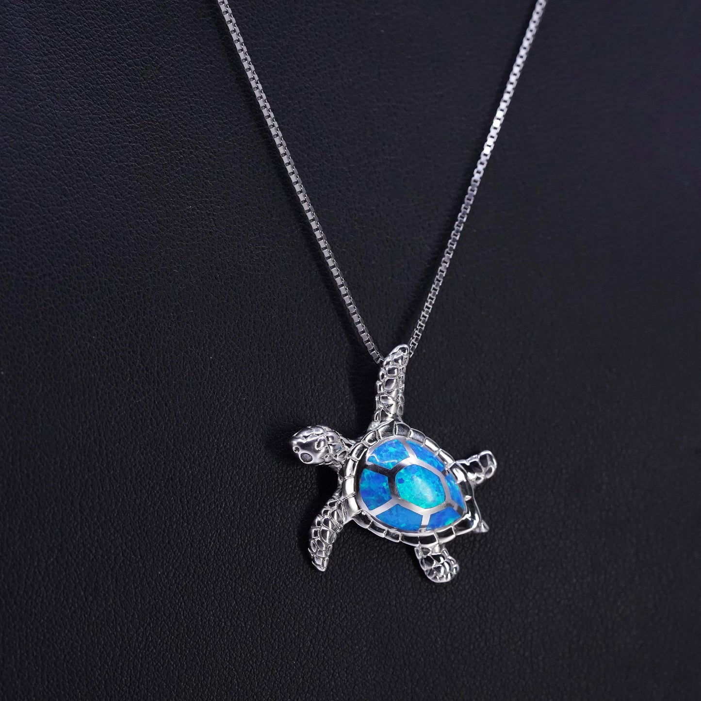 18", VTG Sterling 925 silver handmade box chain necklace opal turtle pendant
