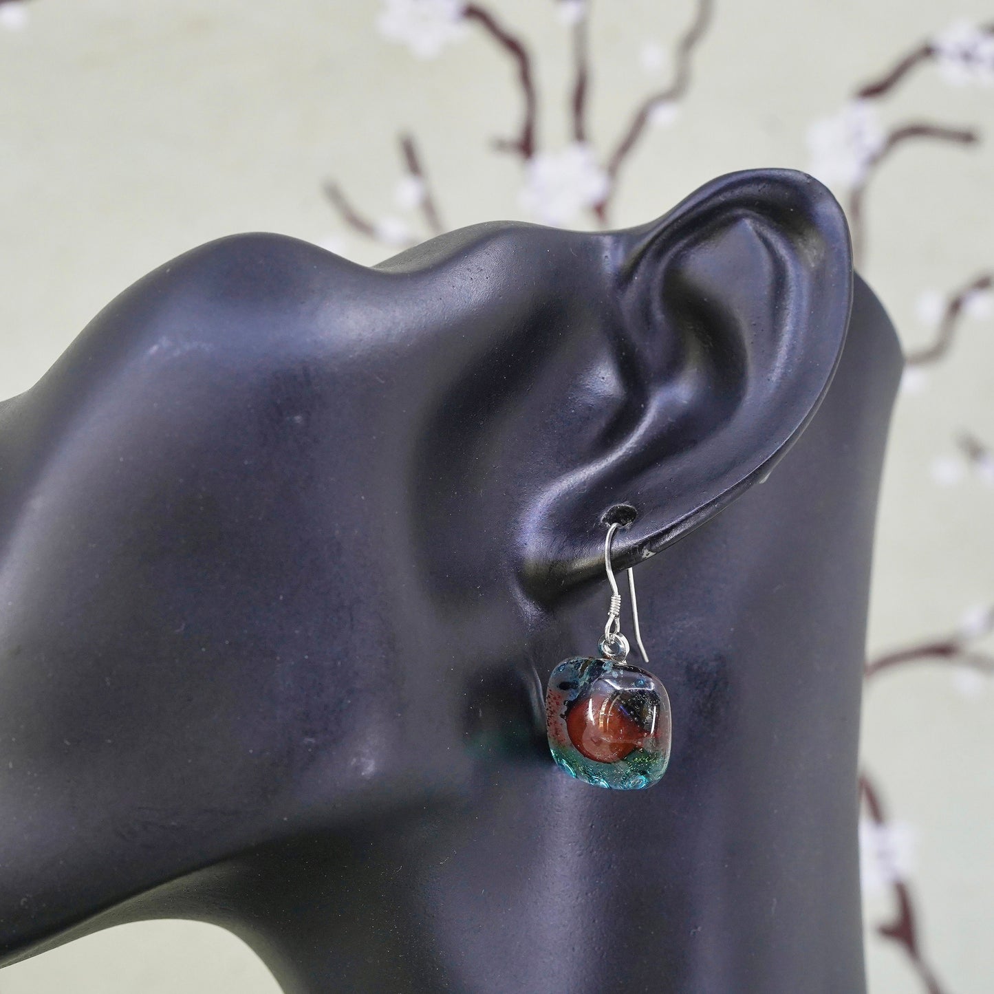 Vintage Sterling 925 silver handmade earrings square foiled artisan glass drops