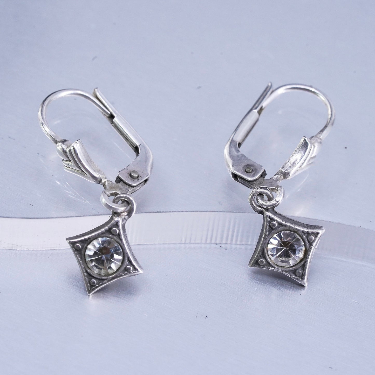 Vintage Sterling 925 silver diamond shaped earrings with Cz
