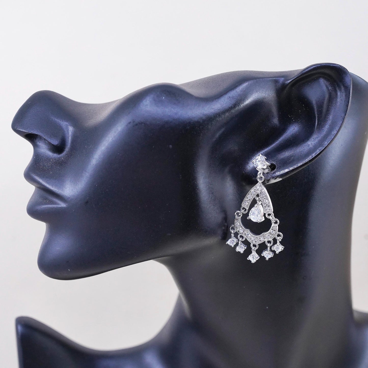 925 Sterling Silver CZ Chandelier Earrings, Teardrop Dangles, Art Deco Bridal