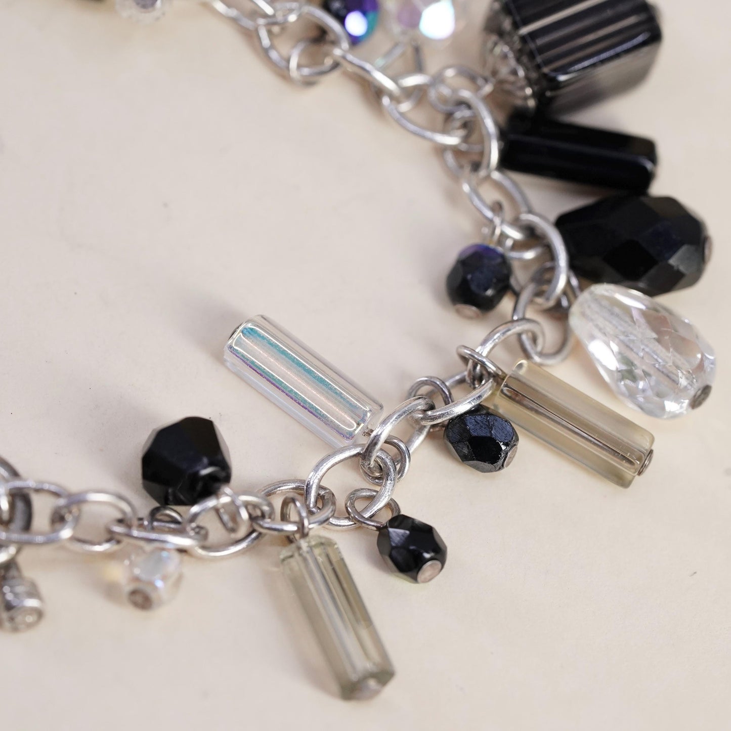 7.25", VTG sterling silver 925 oval chain bracelet cluster black white crystal