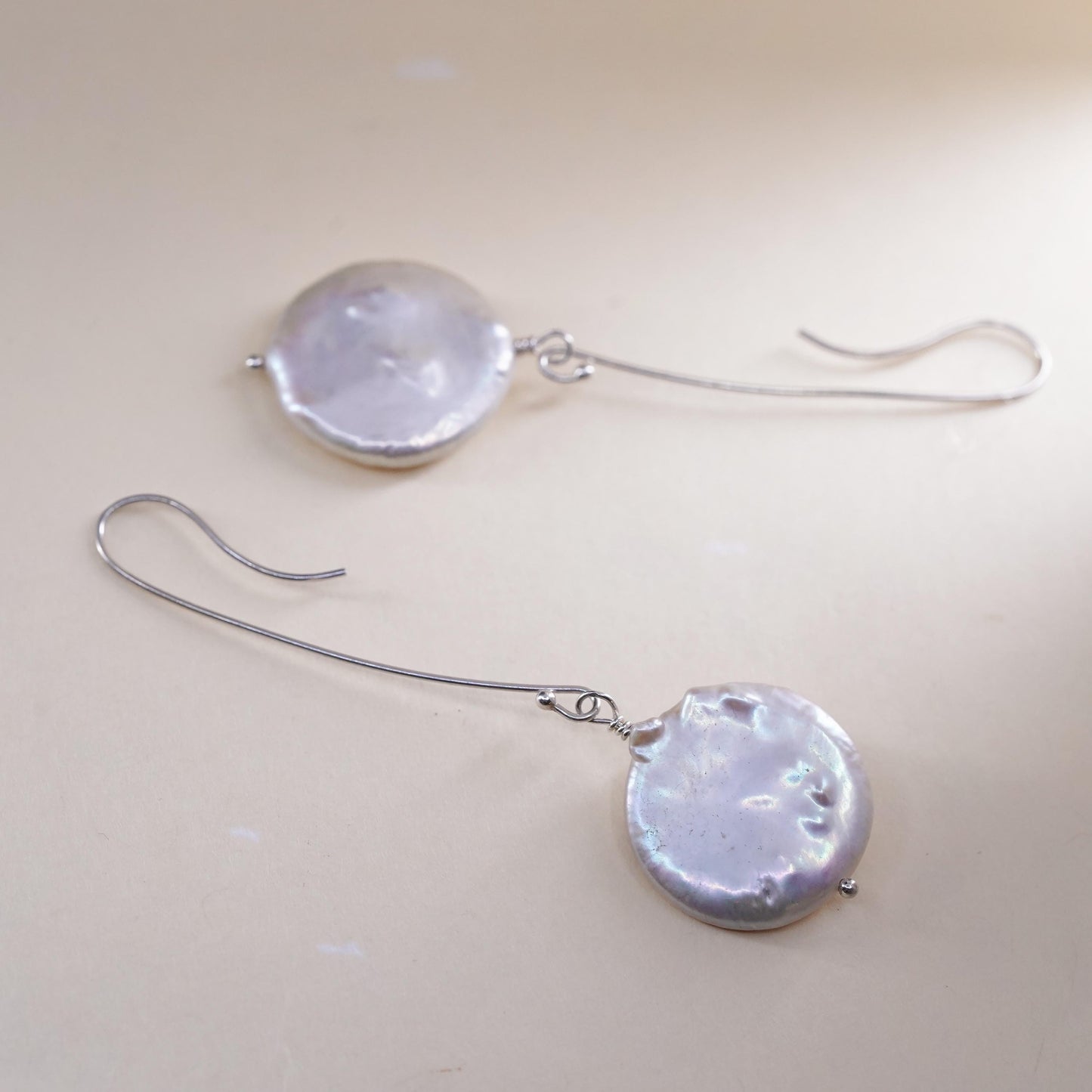 Vintage sterling silver handmade earrings, 925 hooks with coin pearl
