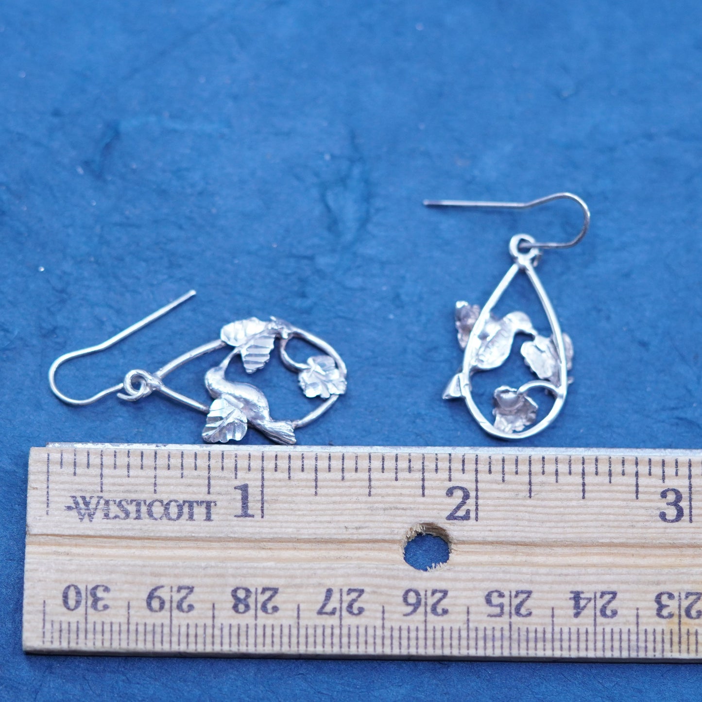 Vintage Sterling silver handmade bird earrings, 925 hummingbird dangles