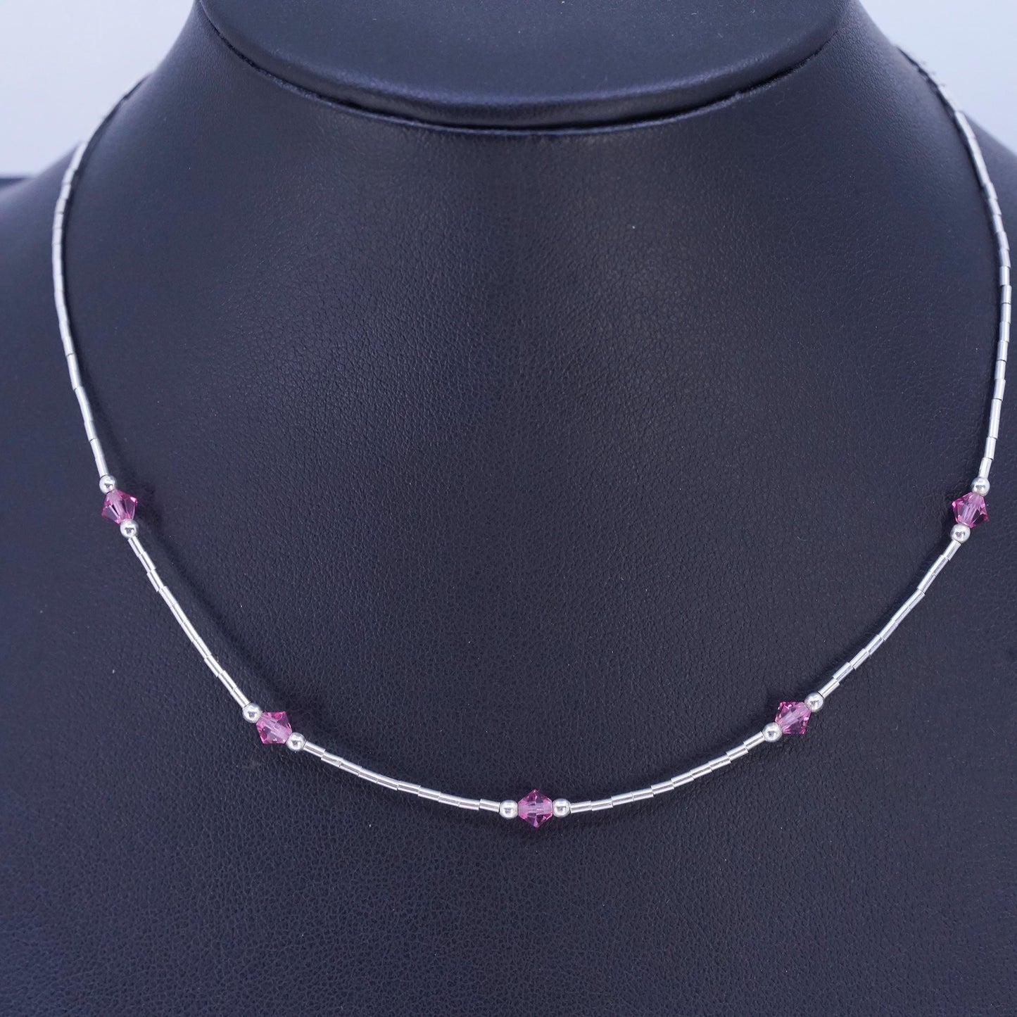 14”, Native American Sterling 925 liquid silver necklace pink crystal beads