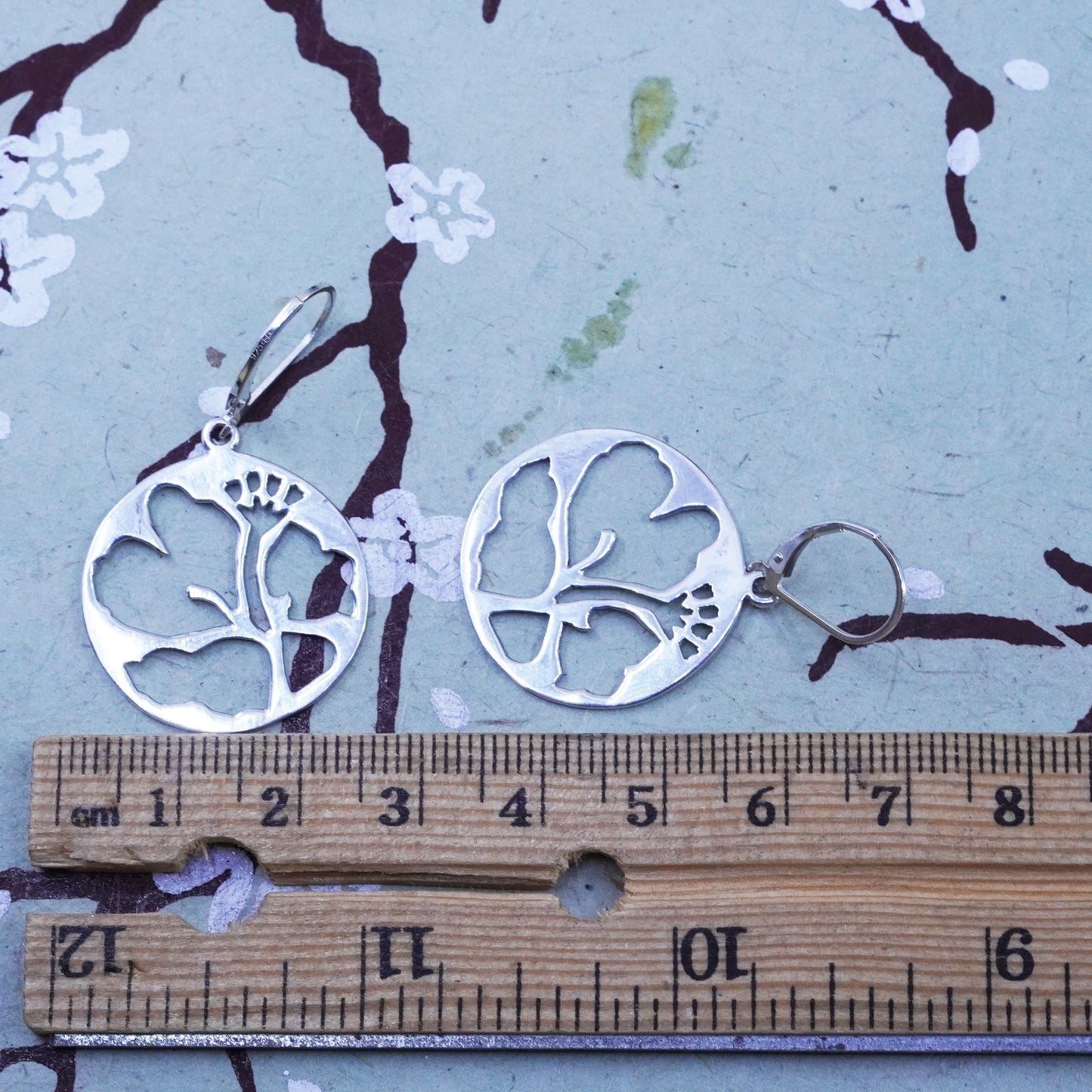 Sterling silver handmade earrings, 925 filigree circle dangles flower cut out