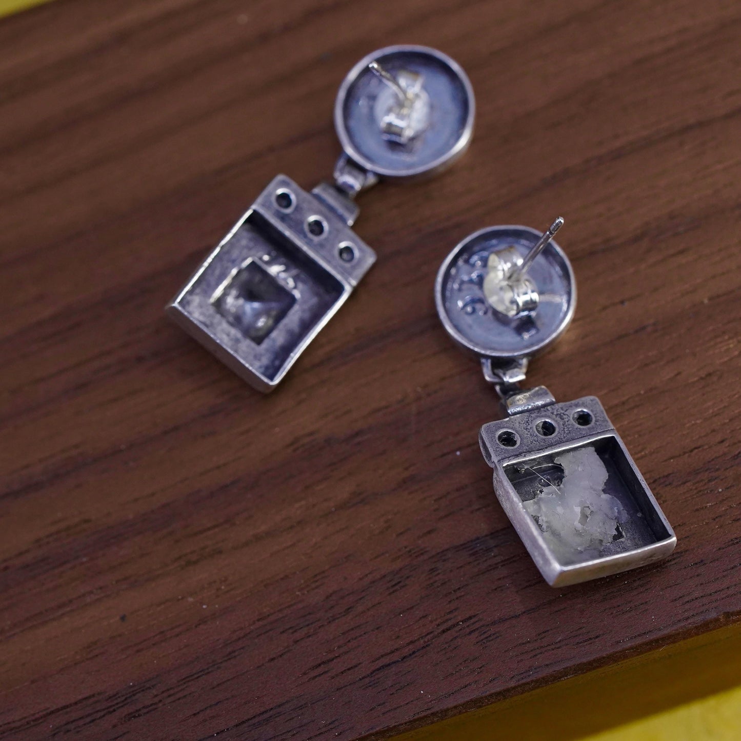 Vintage Sterling silver earrings, 925 pyramid square dangle with blue crystal