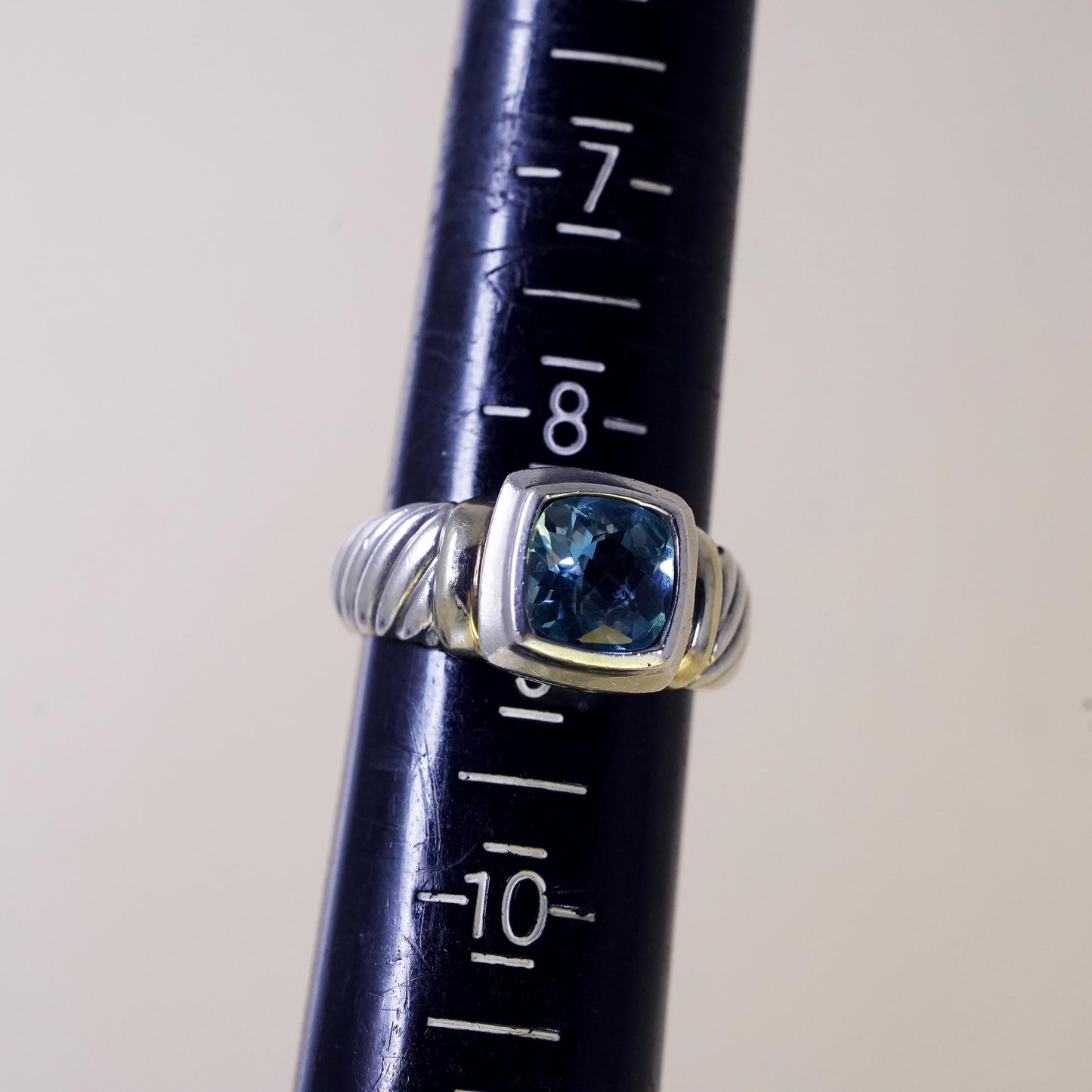 Size 8.75, David Yurman Sterling 925 silver cable ring square blue topaz 14K