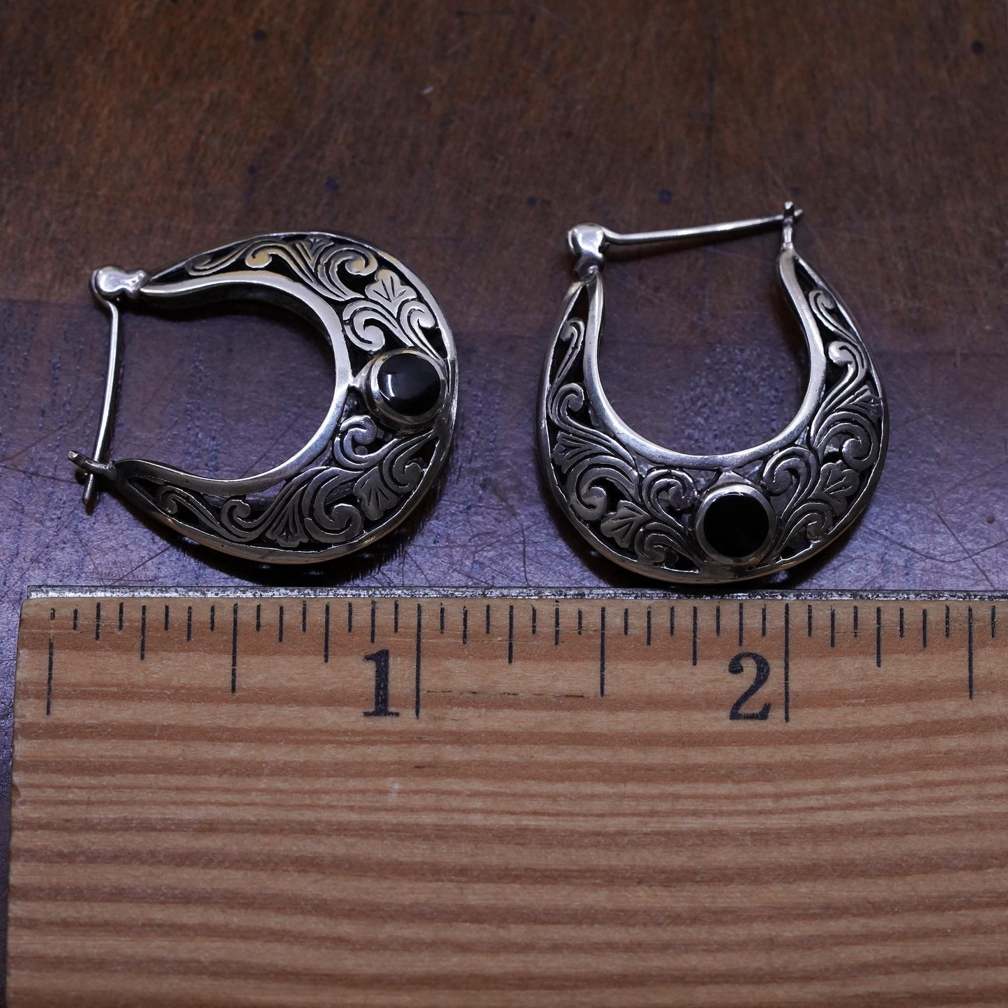 1”, Vintage Sterling silver earrings, 925 huggie, filigree hoops, Bali onyx