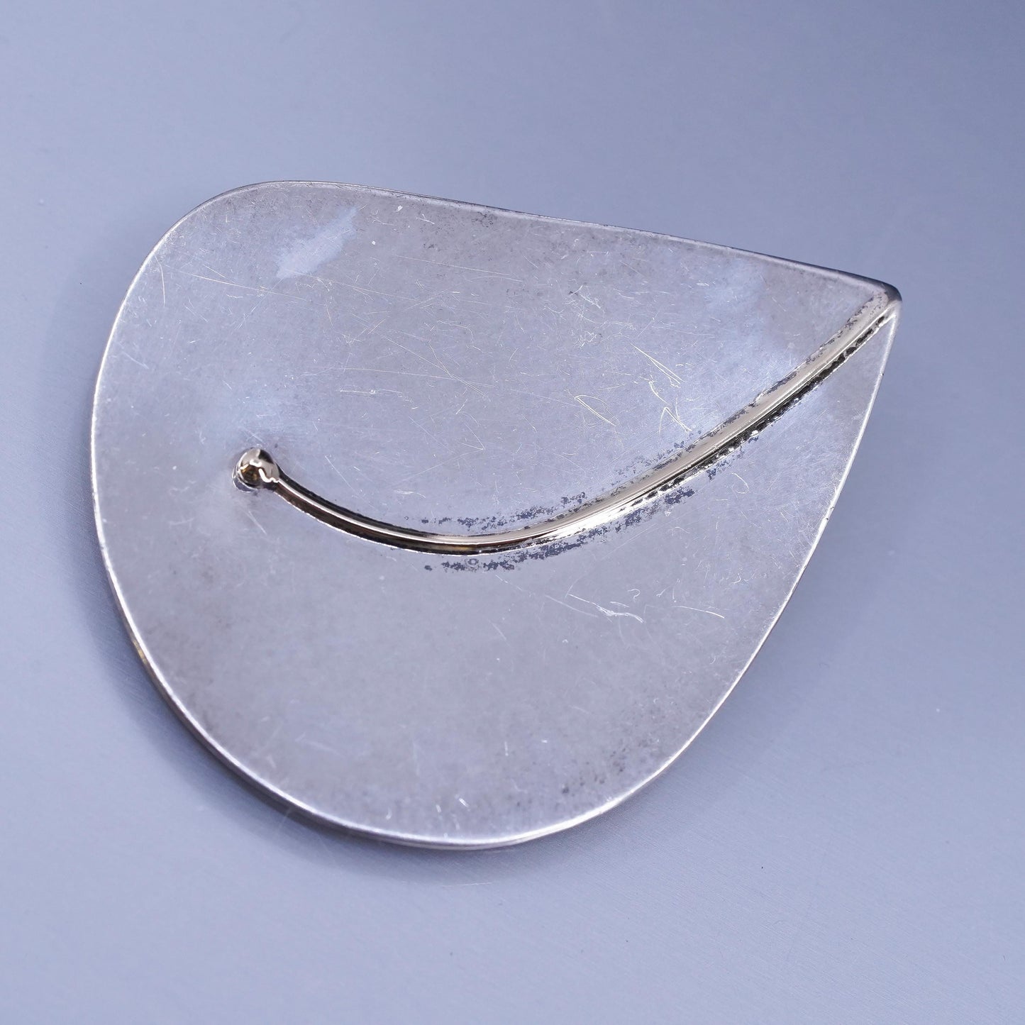 Vintage sterling silver handmade brooch, 925 leaf pin with 14K gold trim