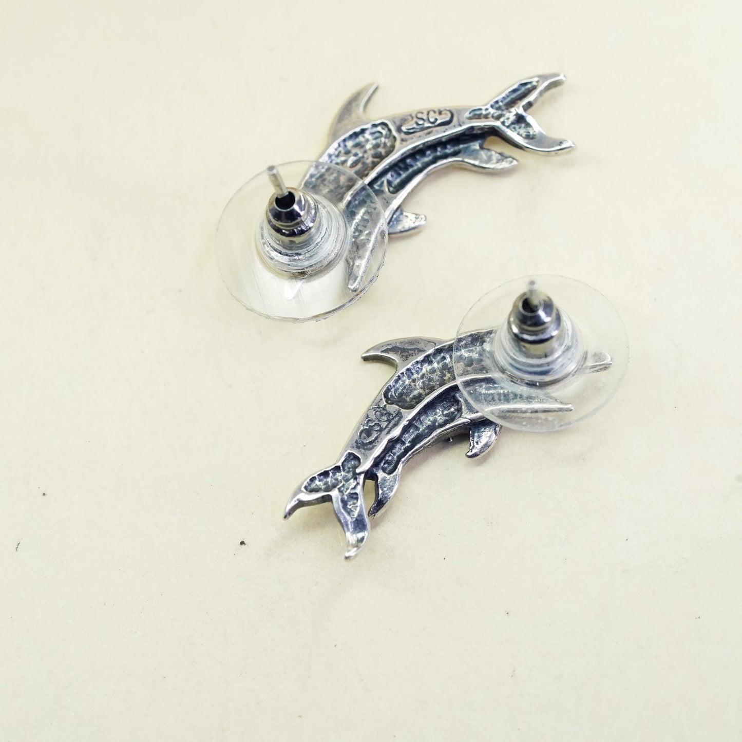 Vintage southwestern SC sterling silver dolphin mother baby studs, 925 earrings