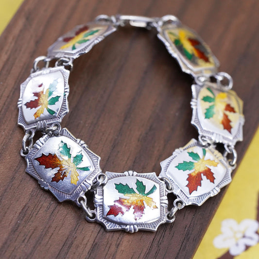 6.75”, vintage BMCO Sterling silver bracelet, 925 enamel maple leafy chain