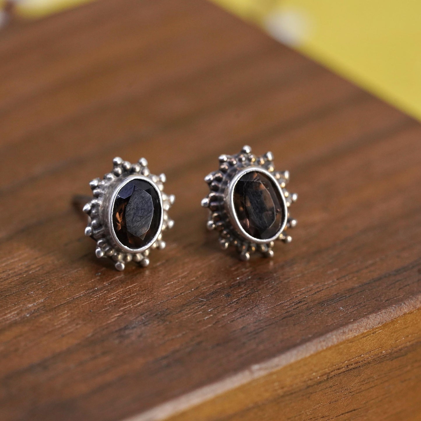 Vintage Sterling 925 silver handmade oval studs earrings smoky quartz and beads