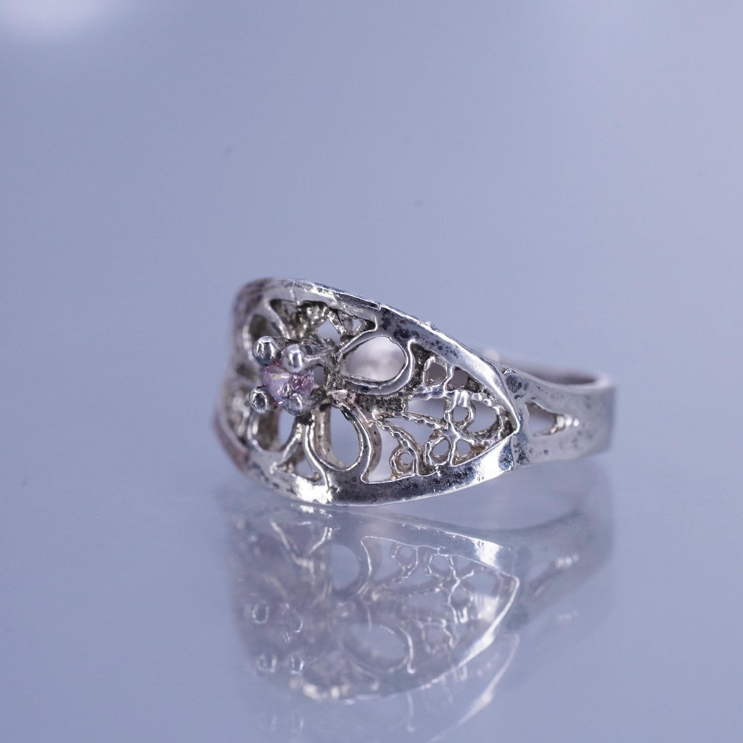 Size 1.25, vintage Sterling 925 silver handmade filigree ring with pink crystal