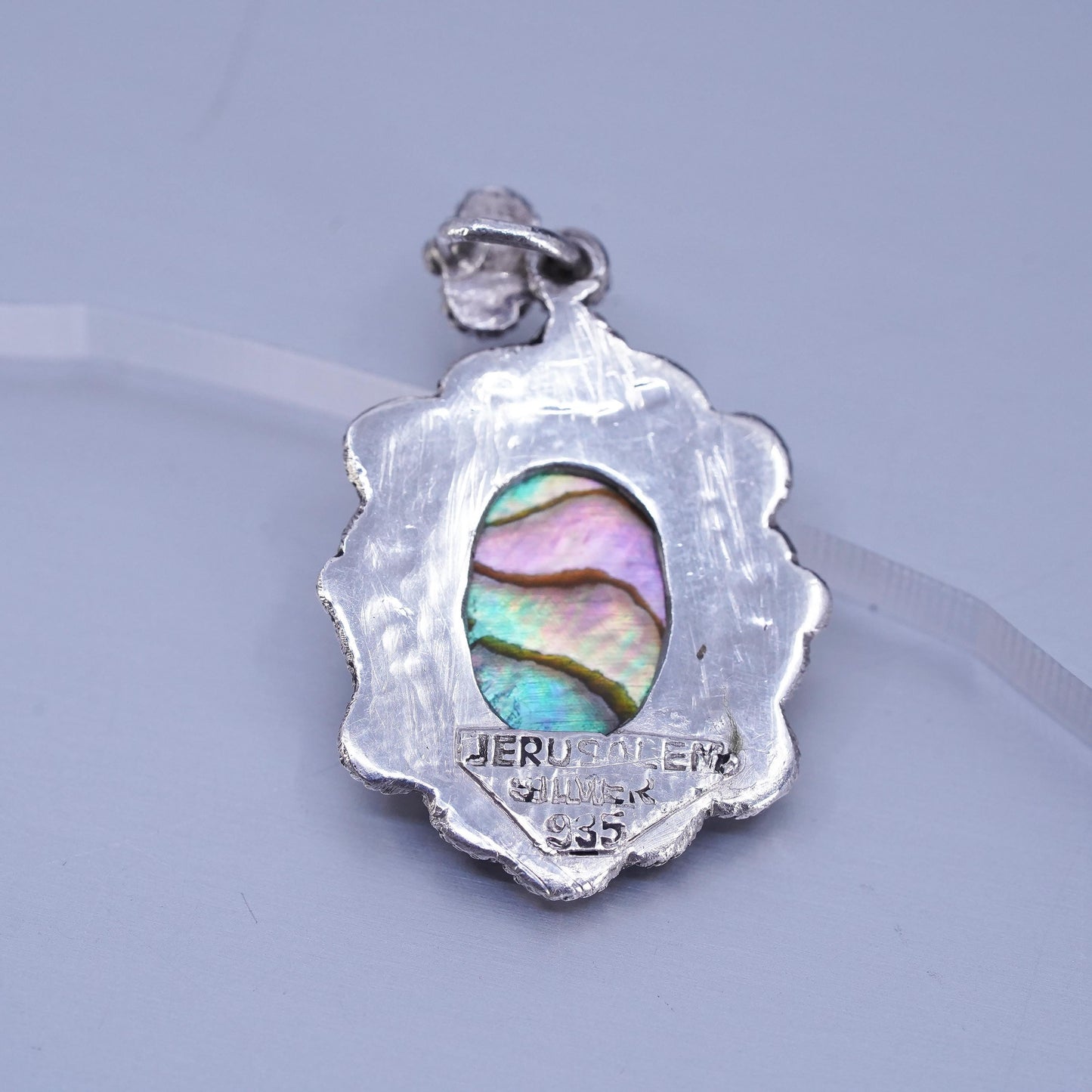Vintage Sterling 925 silver handmade oval pendant with abalone inlay