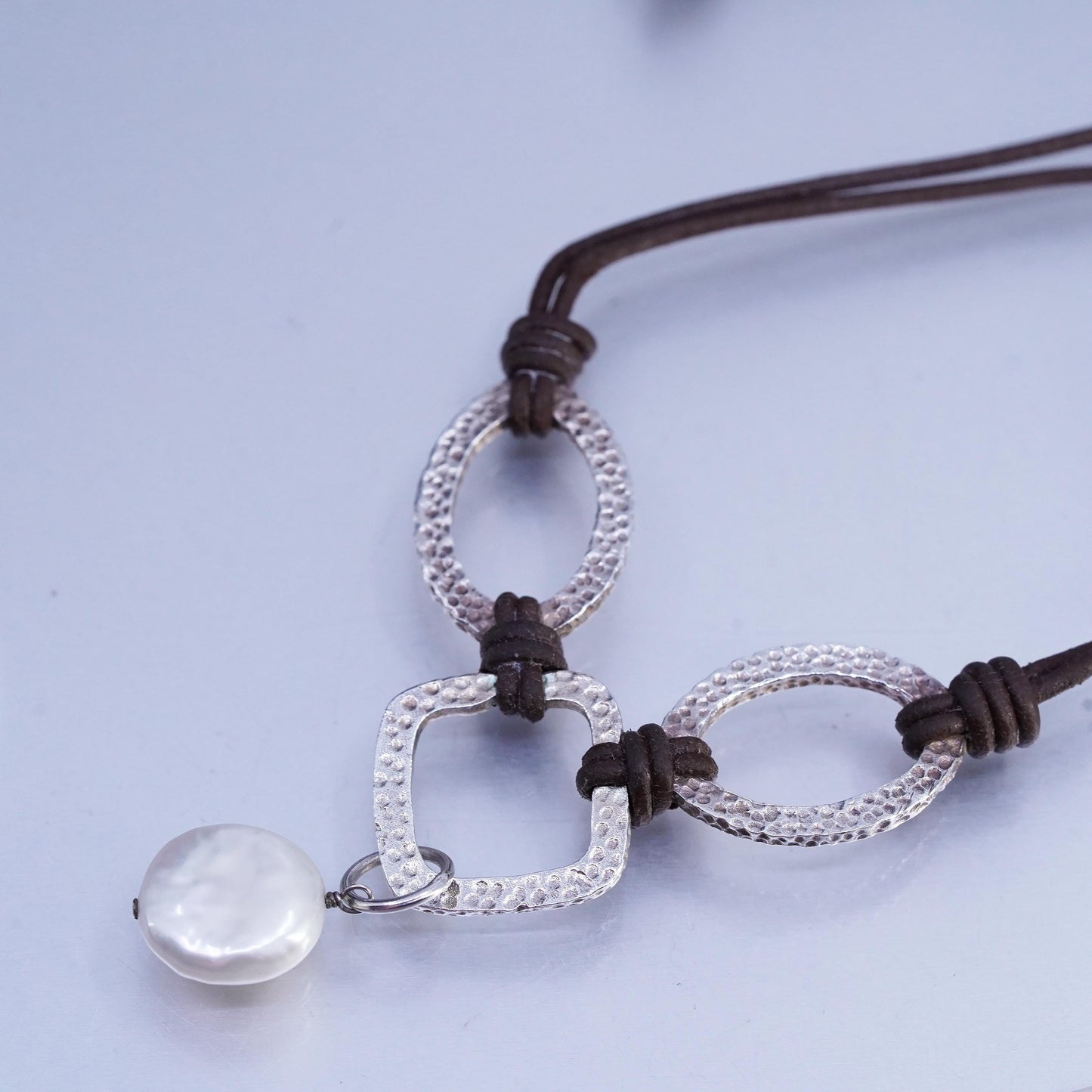 16+2”, Silpada .925 Sterling Silver Handmade Pearl brown Leather Necklace N1257