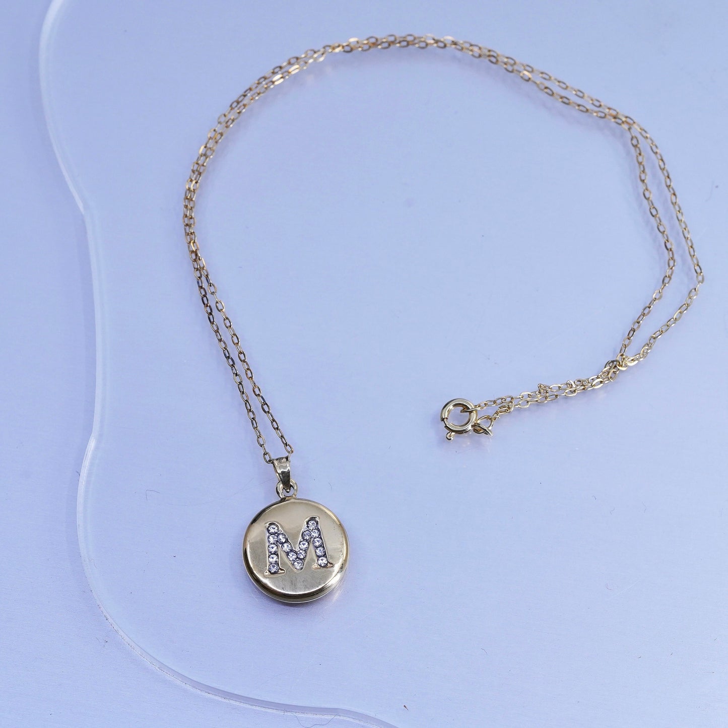 18”, vermeil gold over Sterling 925 silver circle necklace letter M pendant cz