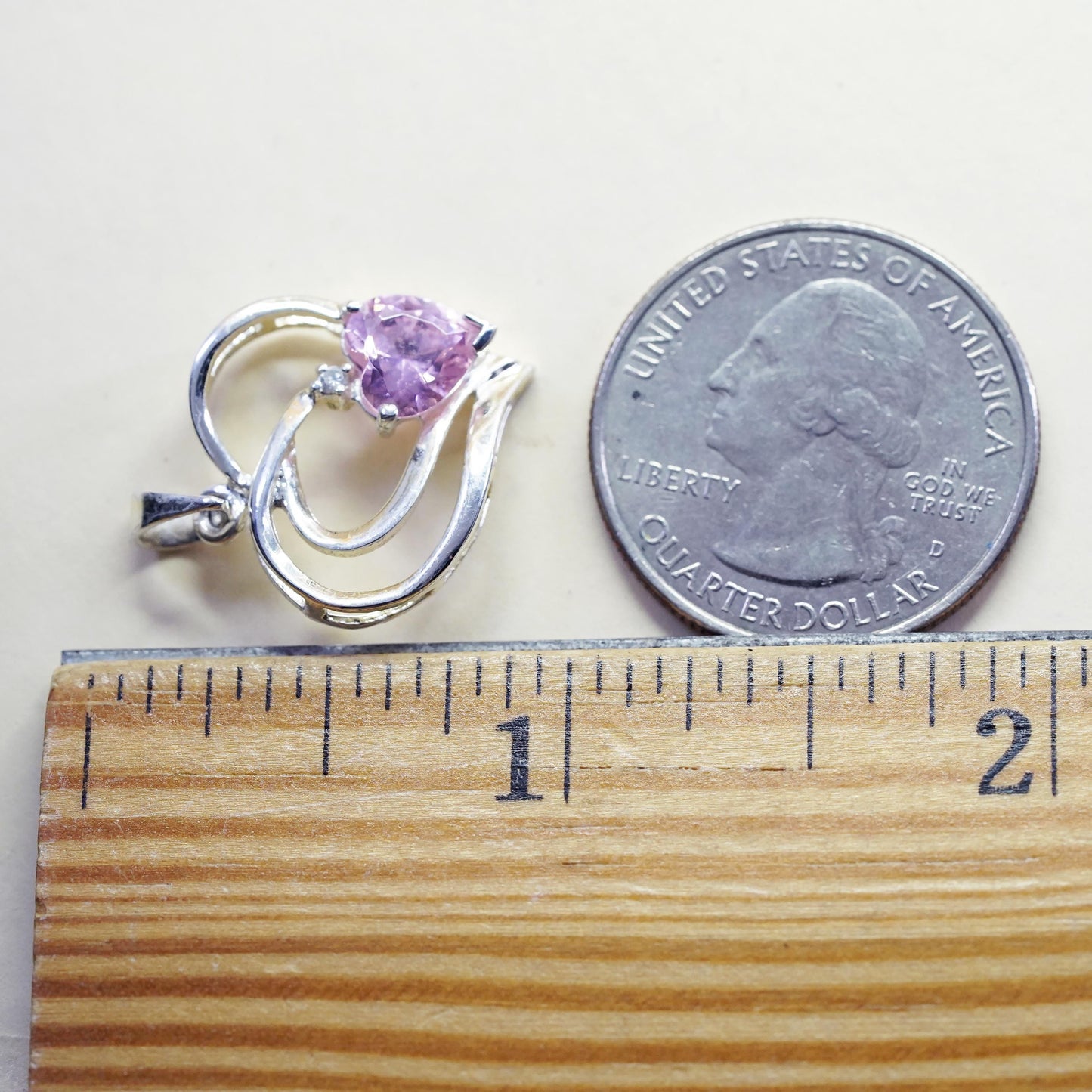 Vintage sterling silver pendant, heart 925 silver charm with pink crystal