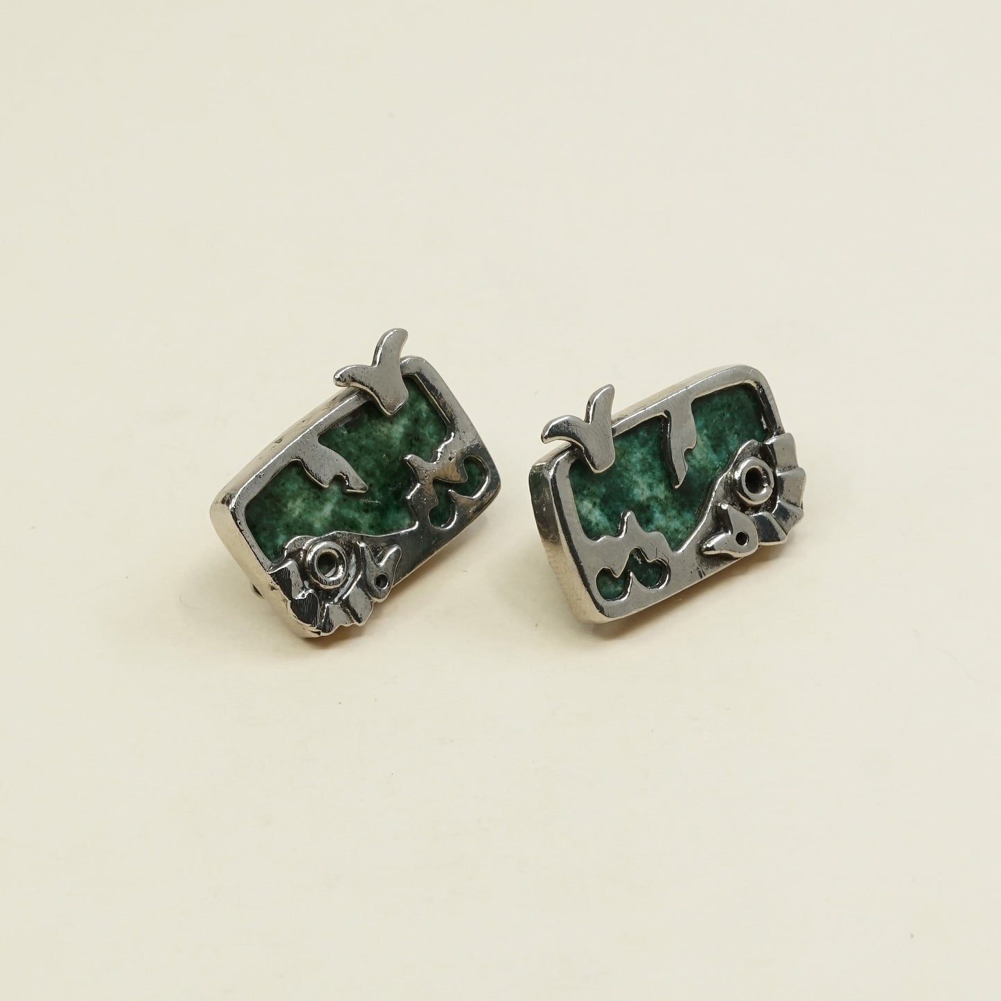 Native American handmade 925 Sterling silver earrings w/ green enamel n bird