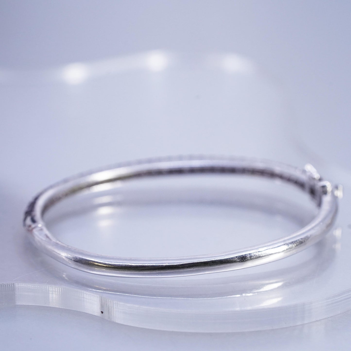 6.75", Vintage Sterling 925 silver bracelet, hinged bangle with cluster pink cz