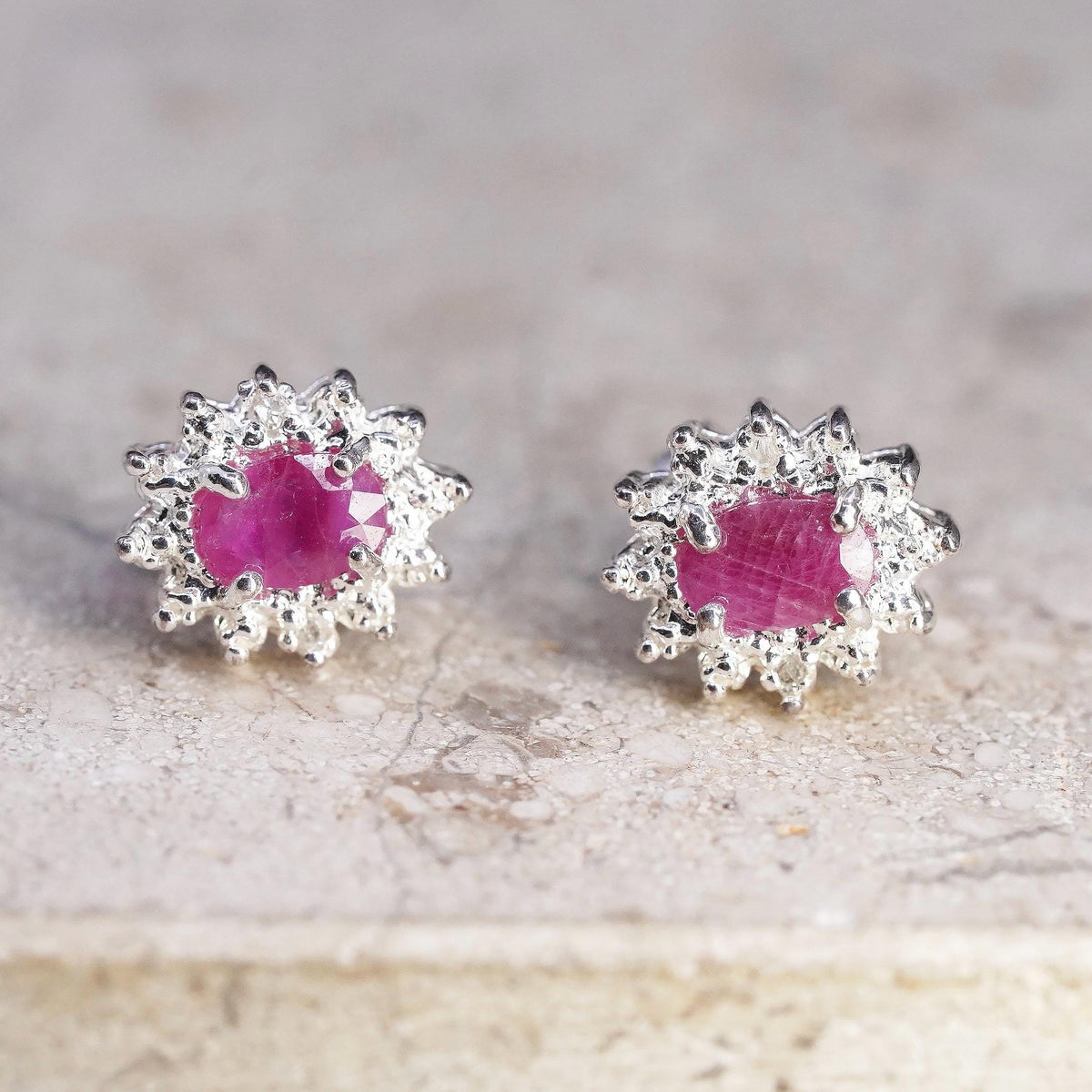 Vintage Sterling silver handmade earrings, 925 studs with ruby and diamonds