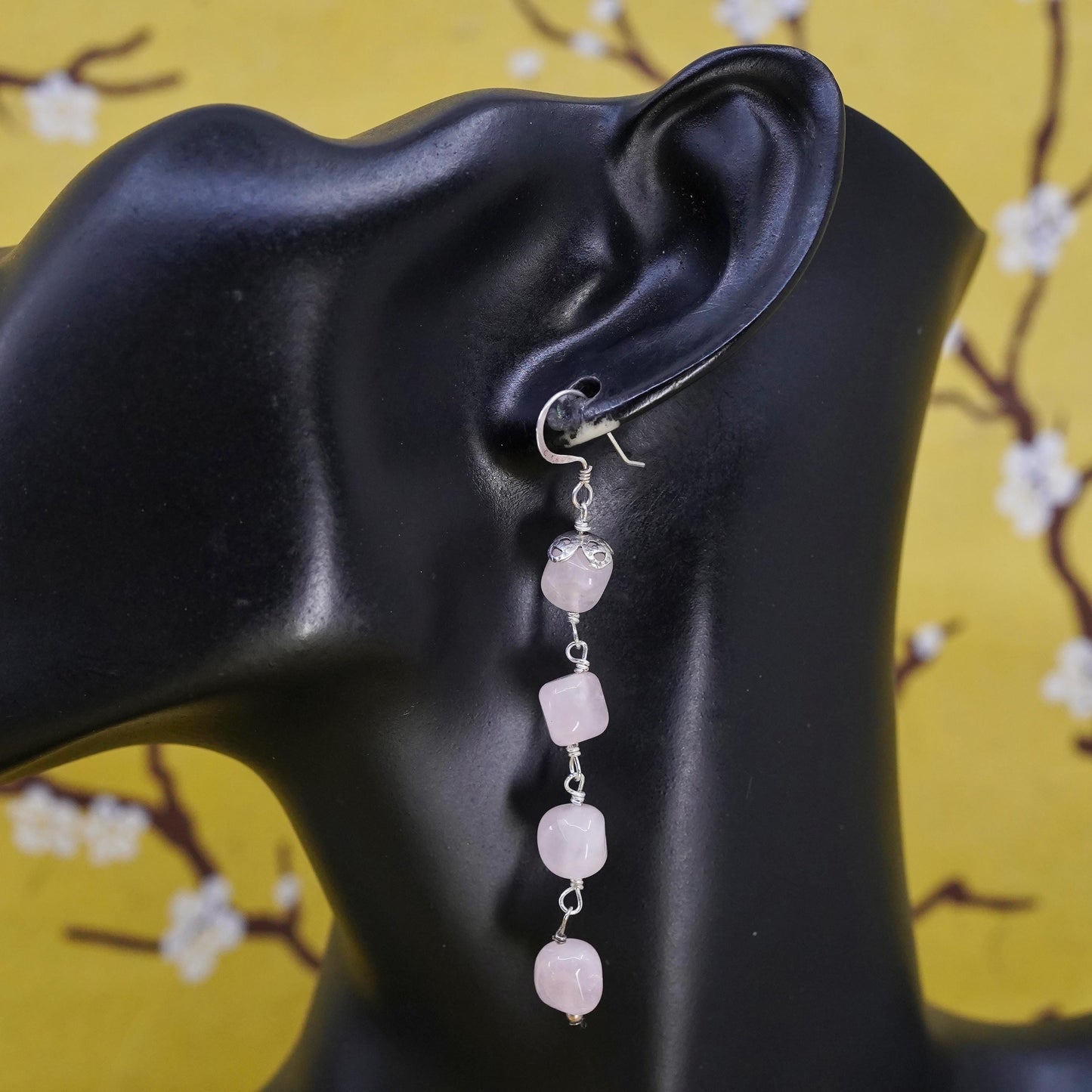 Vintage Sterling 925 silver handmade earrings with pink rose quartz