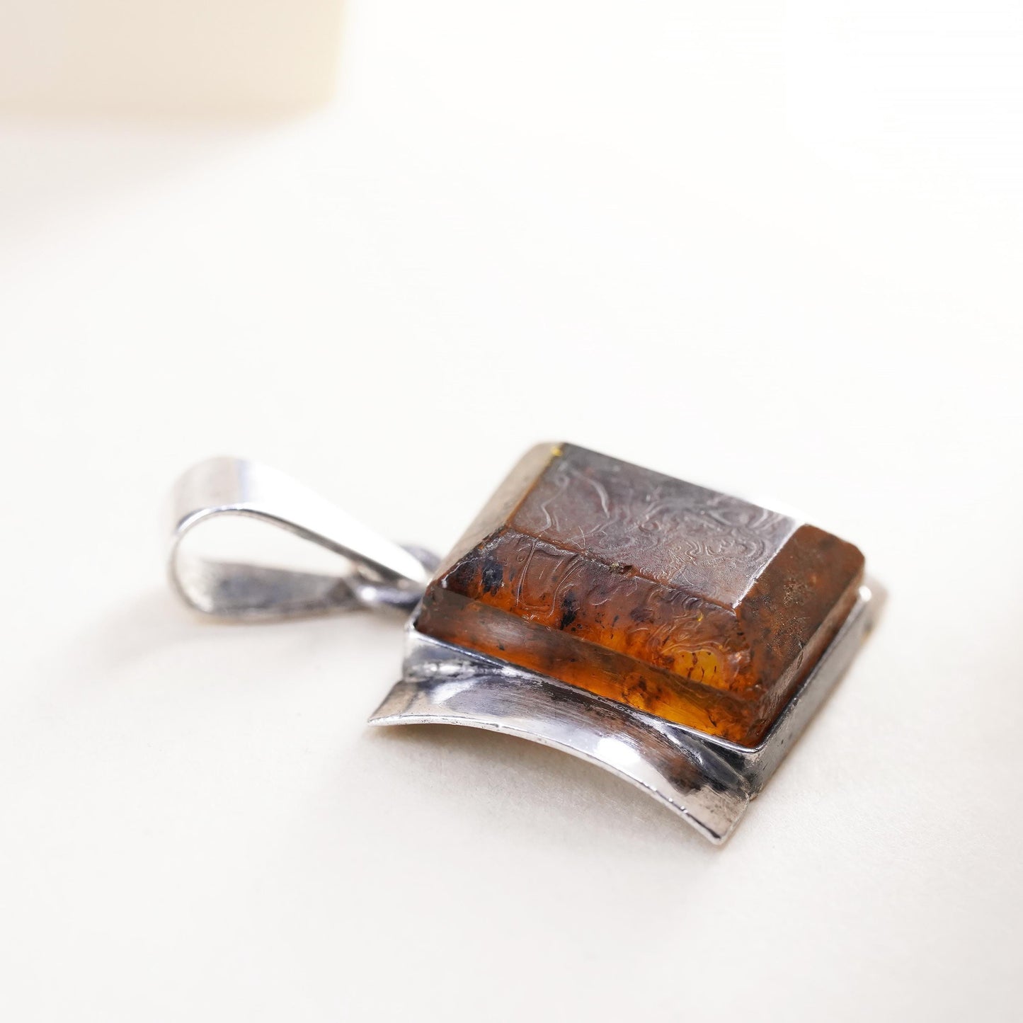 Vintage sterling 925 silver handmade square pendant with amber
