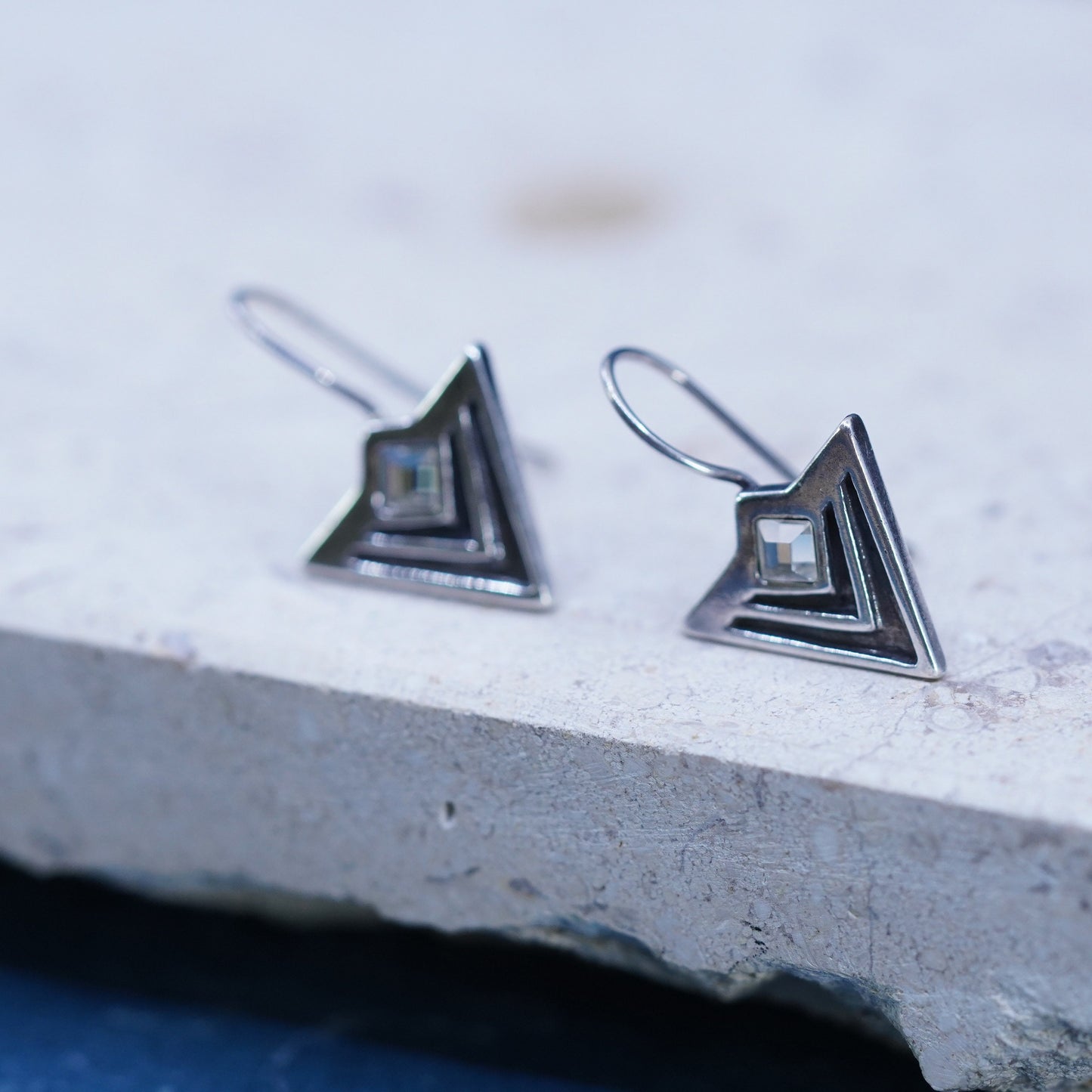 Vintage southwestern sterling 925 silver handmade triangular earrings with cz