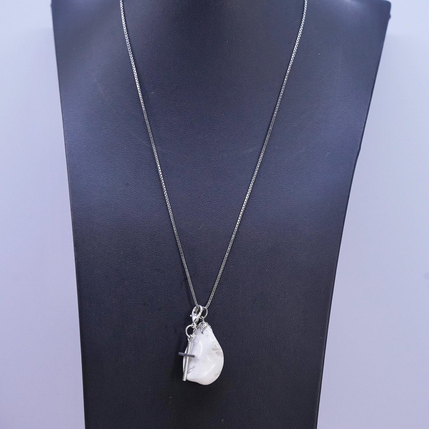 20", sterling 925 silver box chain necklace white quartz cross charm