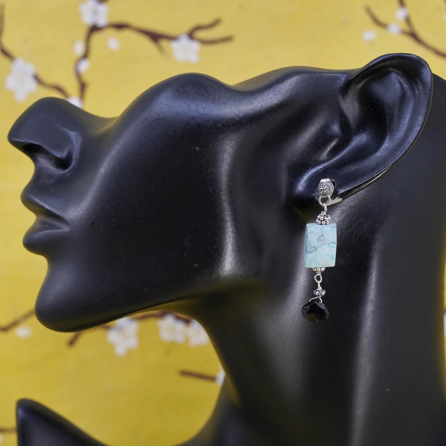 Southwestern Sterling 925 silver handmade earrings with turquoise and onyx