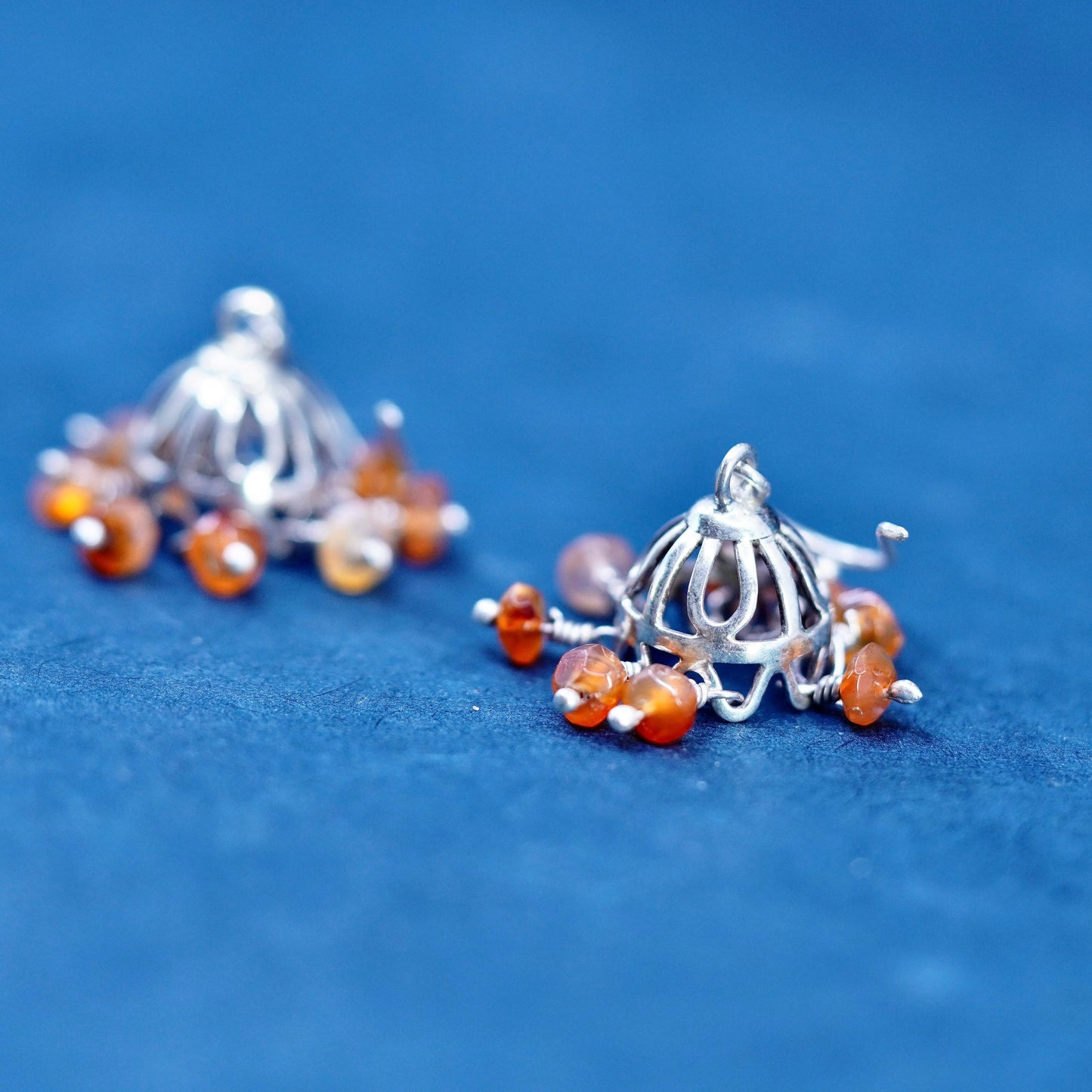 Vintage Sterling Silver 925 filigree crown Earrings with cluster carnelian
