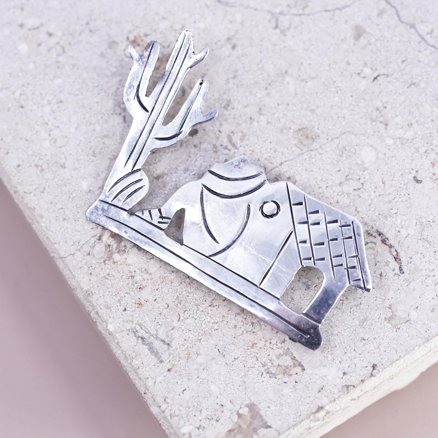 Sterling 980 Silver Horse Brooch, Desert Cactus Pin, Native Animal Jewelry