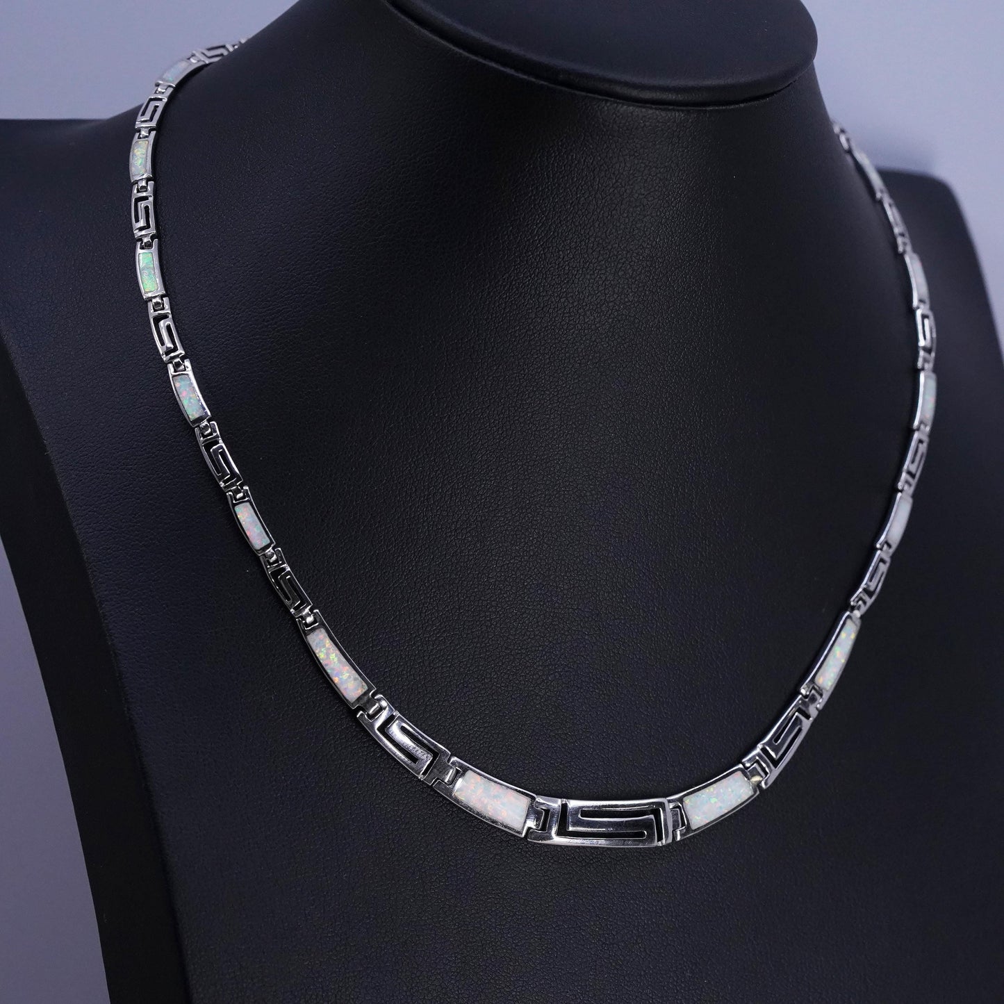 16+1”, Sterling silver necklace,925 tennis graduated Greek key fire opal