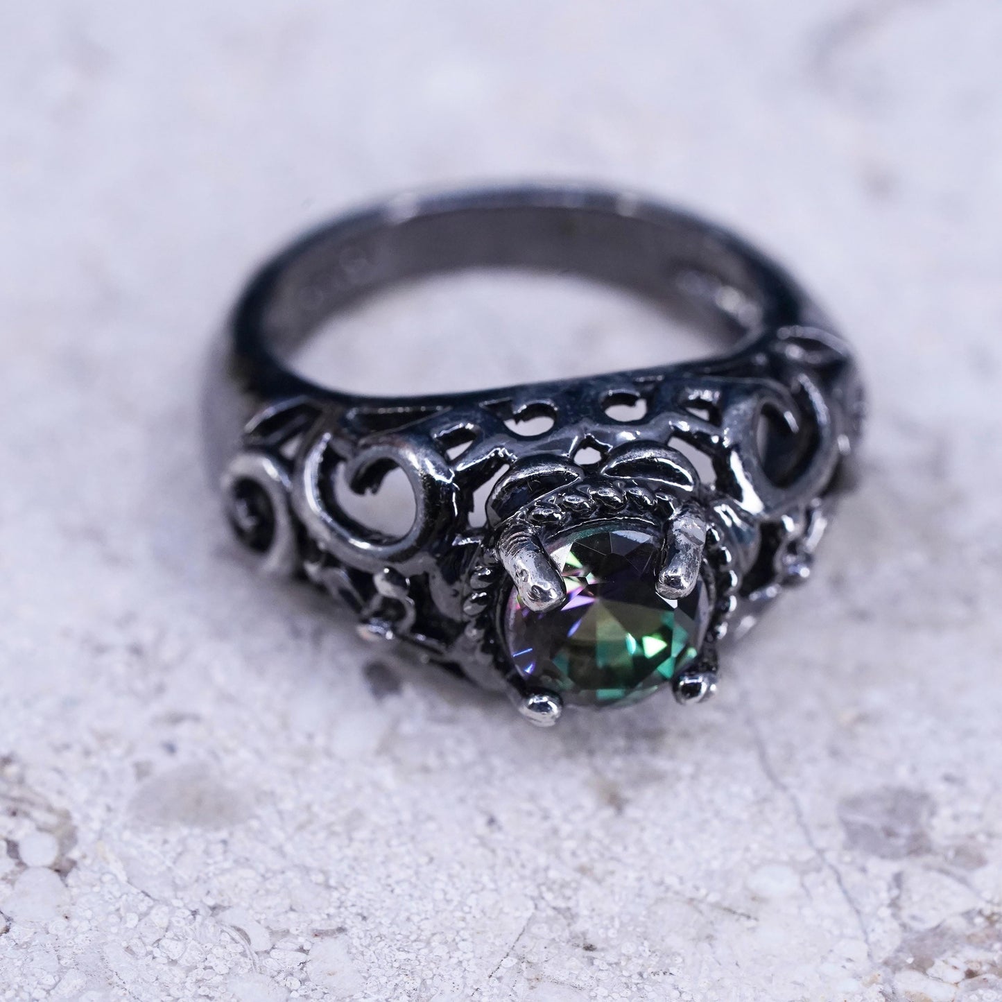 Size 5, vintage oxidized sterling 925 silver handmade ring with rainbow topaz