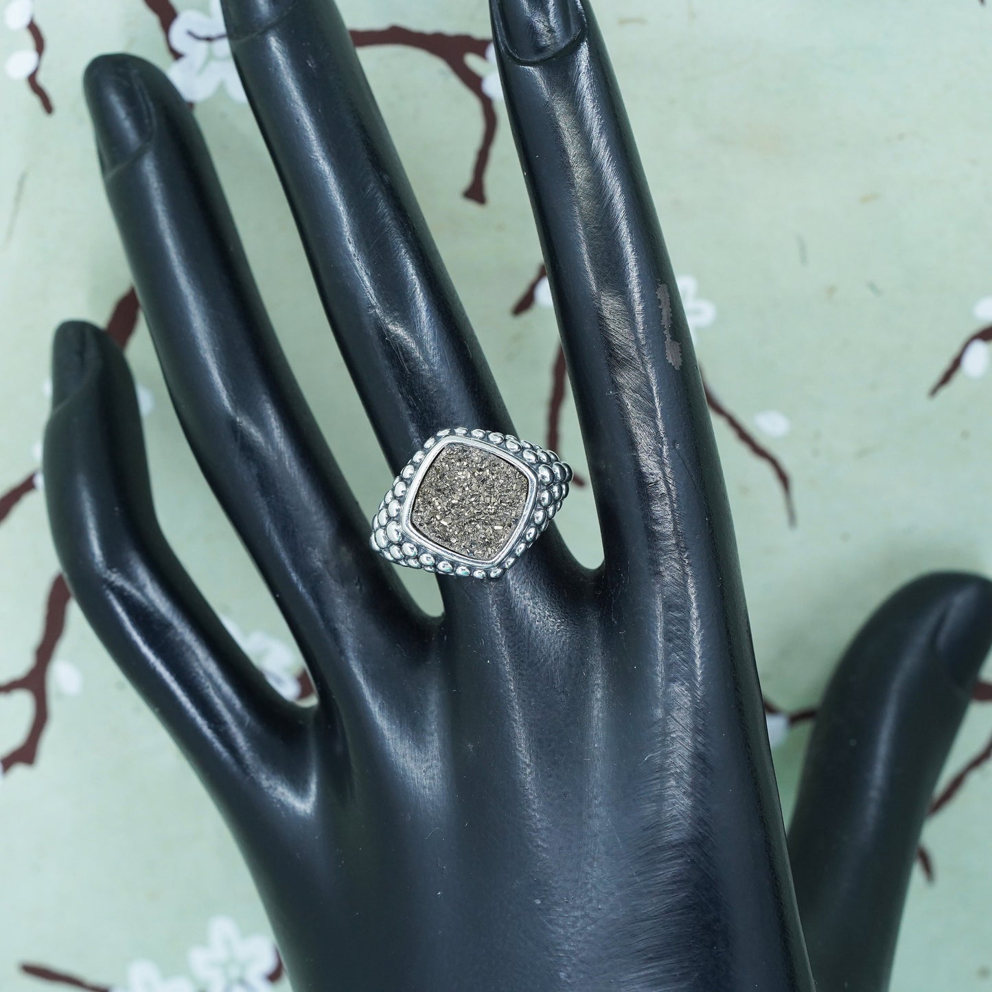 7, vintage Michael Dawkins Sterling 925 silver handmade ring golden druzy stone