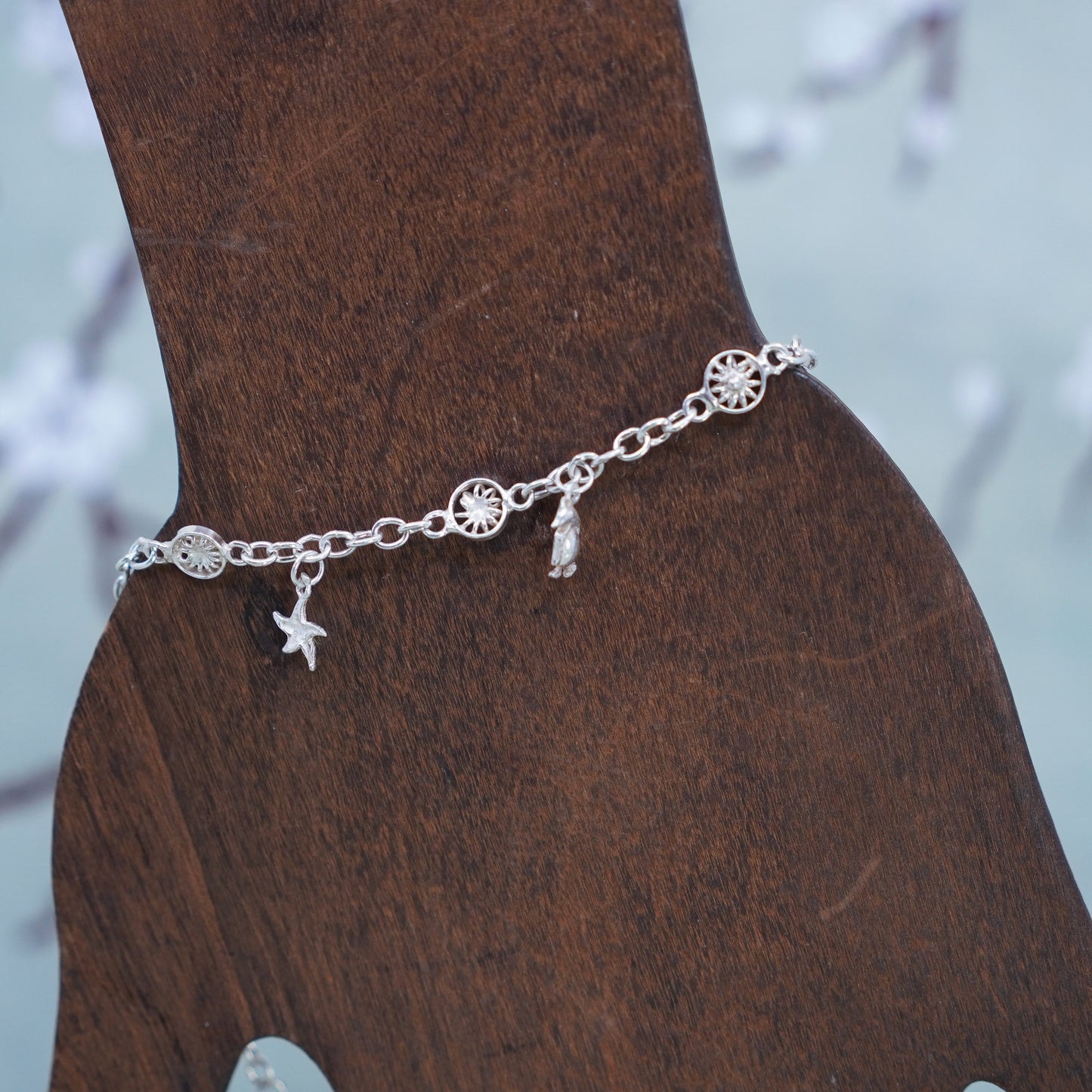 9.5”, Borox sterling silver anklet bracelet 925 sun chain bird star heart charm