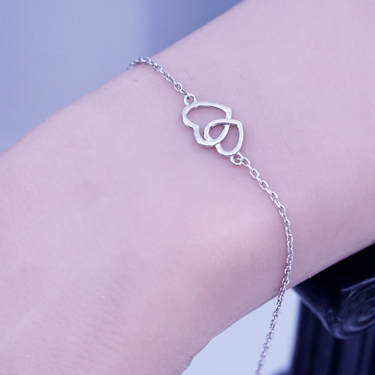 8.5+1", Sterling Silver Bracelet, 925 oval Chain Anklet double heart Charm