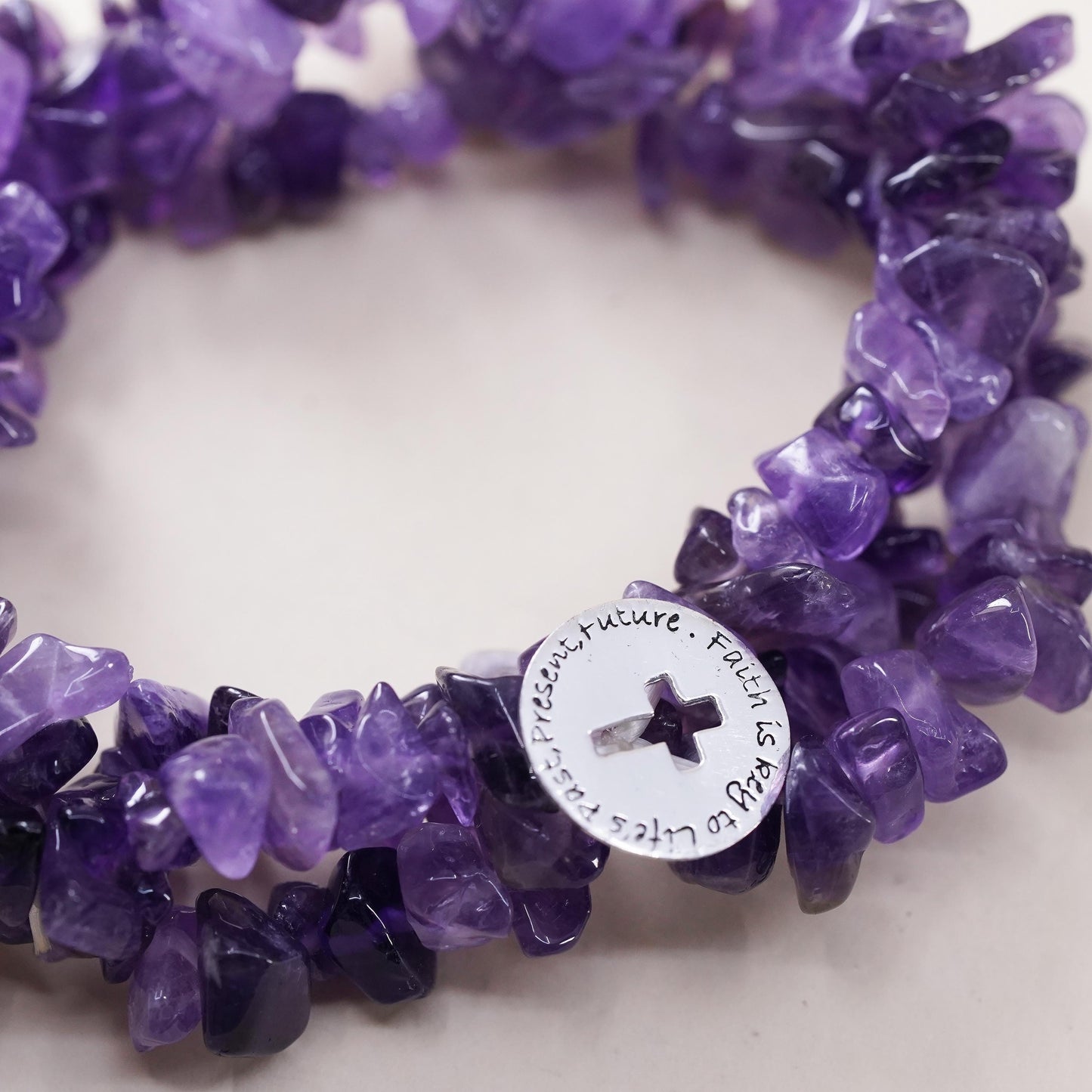 6.5", amethyst beads bracelet stretchy band sterling 925 silver cross charm