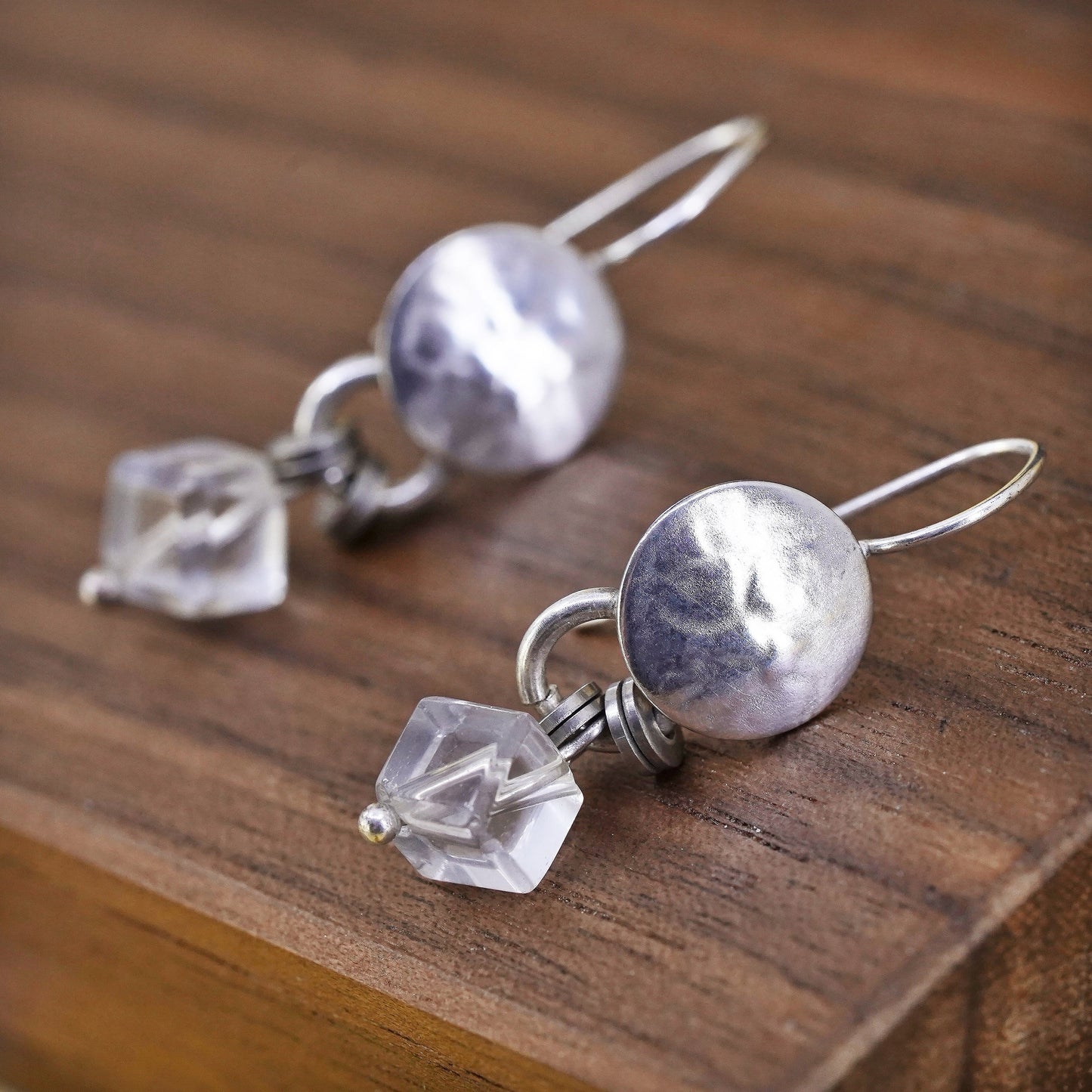 Vintage handmade sterling silver earrings, 925 hammered disc with crystal cube