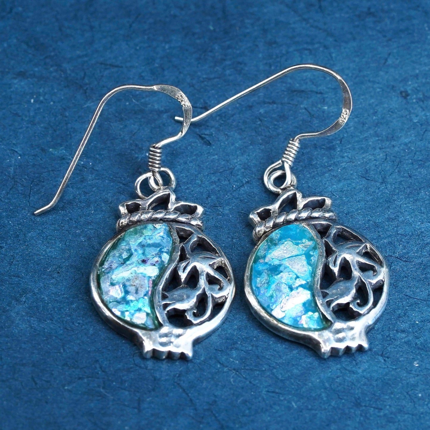 Vintage designer Sterling 925 silver handmade circle earrings with Roman glass