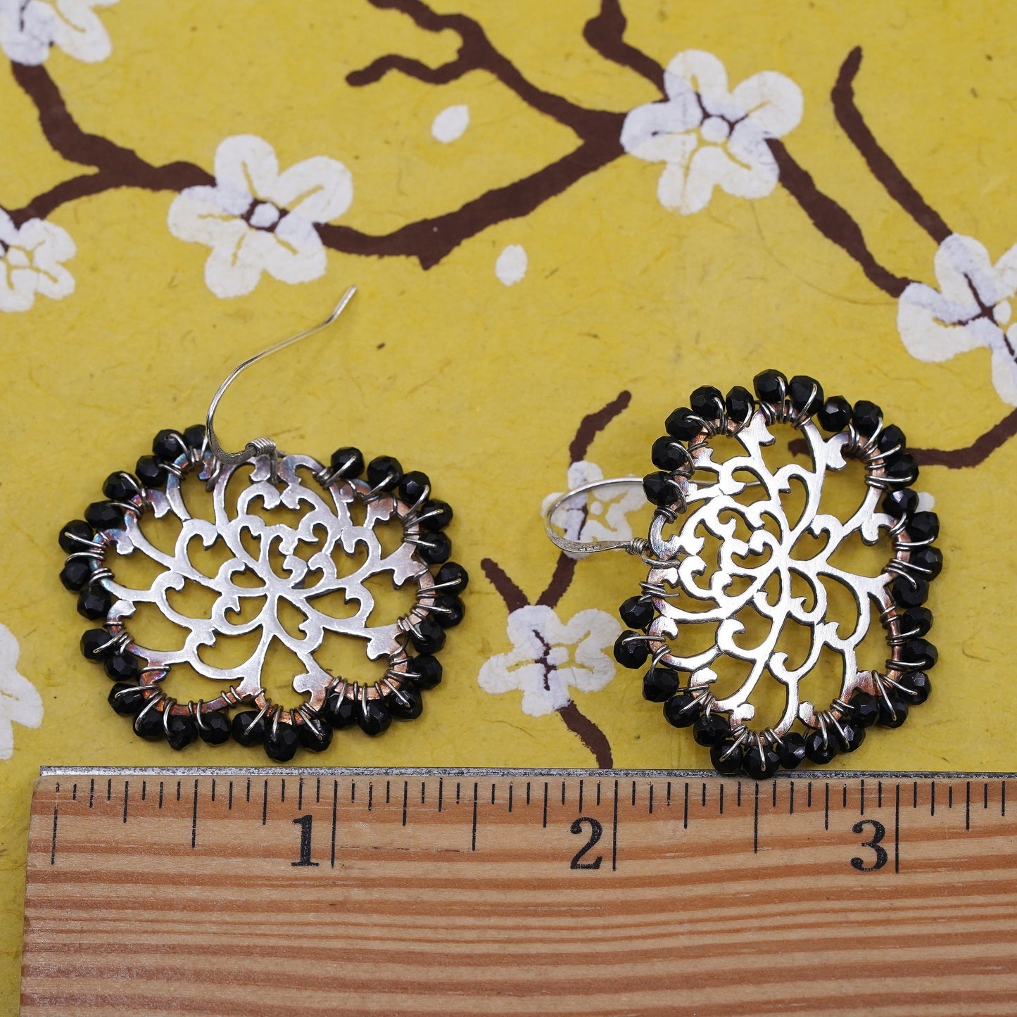 Vintage Sterling 925 silver handmade flower earrings with cluster obsidian