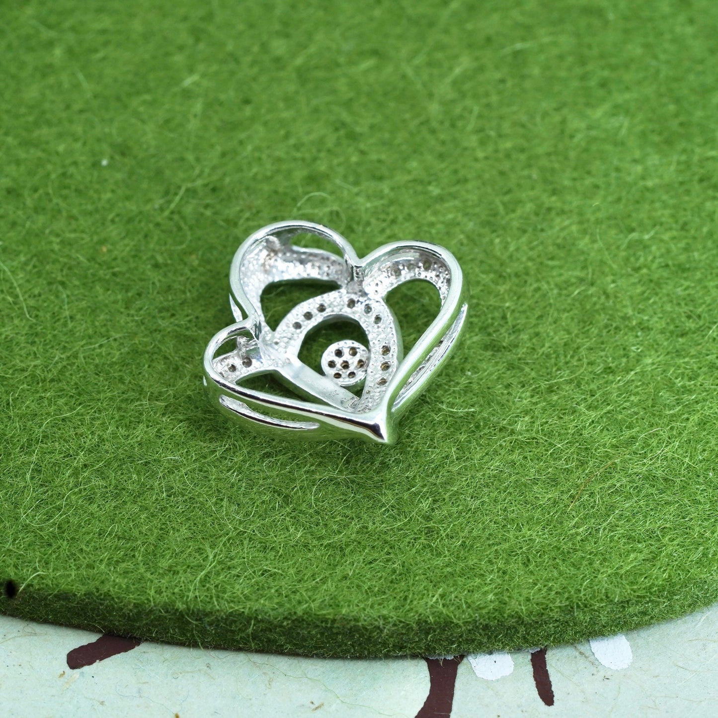 vintage Sterling silver Pendant, 925 double heart with real diamond