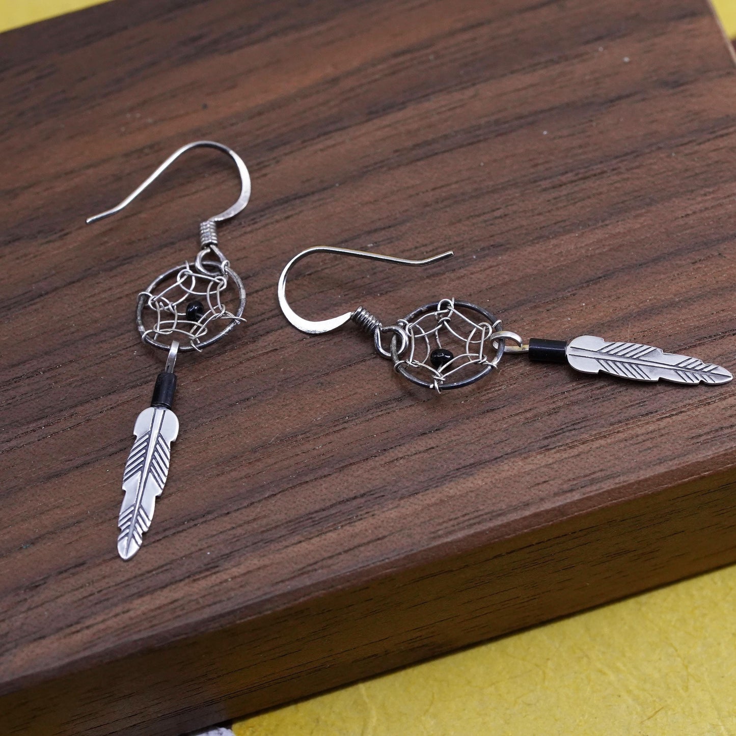 Vintage Sterling 925 silver handmade net earrings with onyx and feather